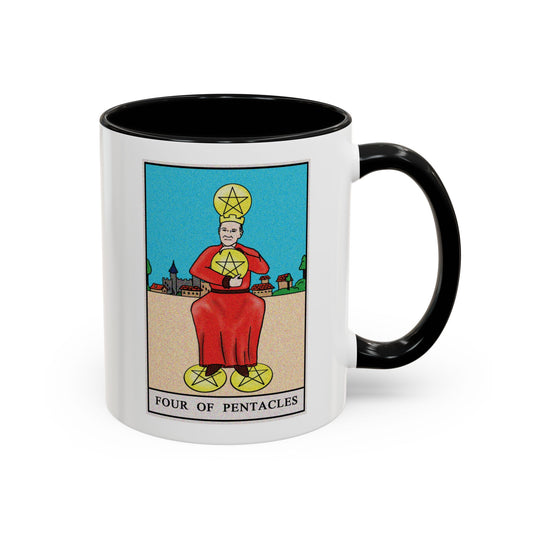 Four of Pentacles Tarot Card Coffee Mug - Double Sided Print, Black Accent White Ceramic, 11oz by TheGlassyLass.com
