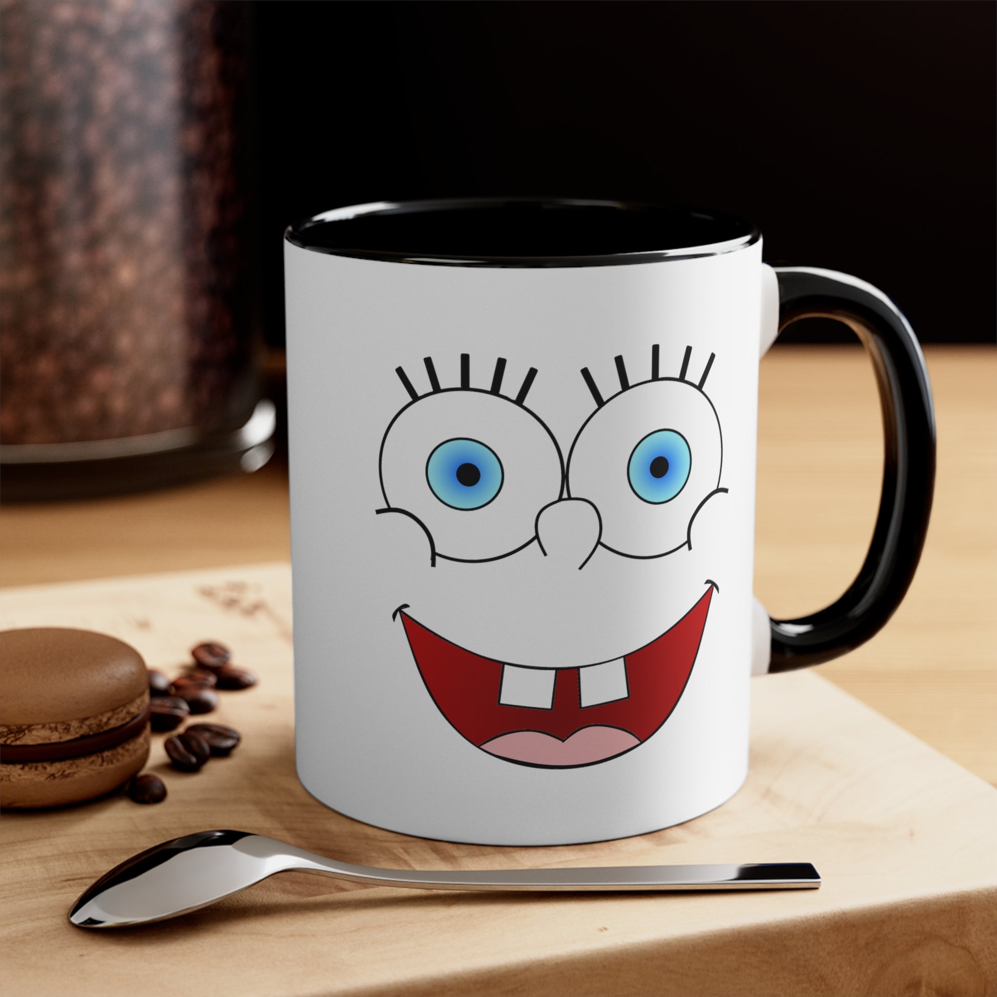 SpongeBob ish Coffee Mug - Double Sided Black Accent White Ceramic 11oz by TheGlassyLass.com