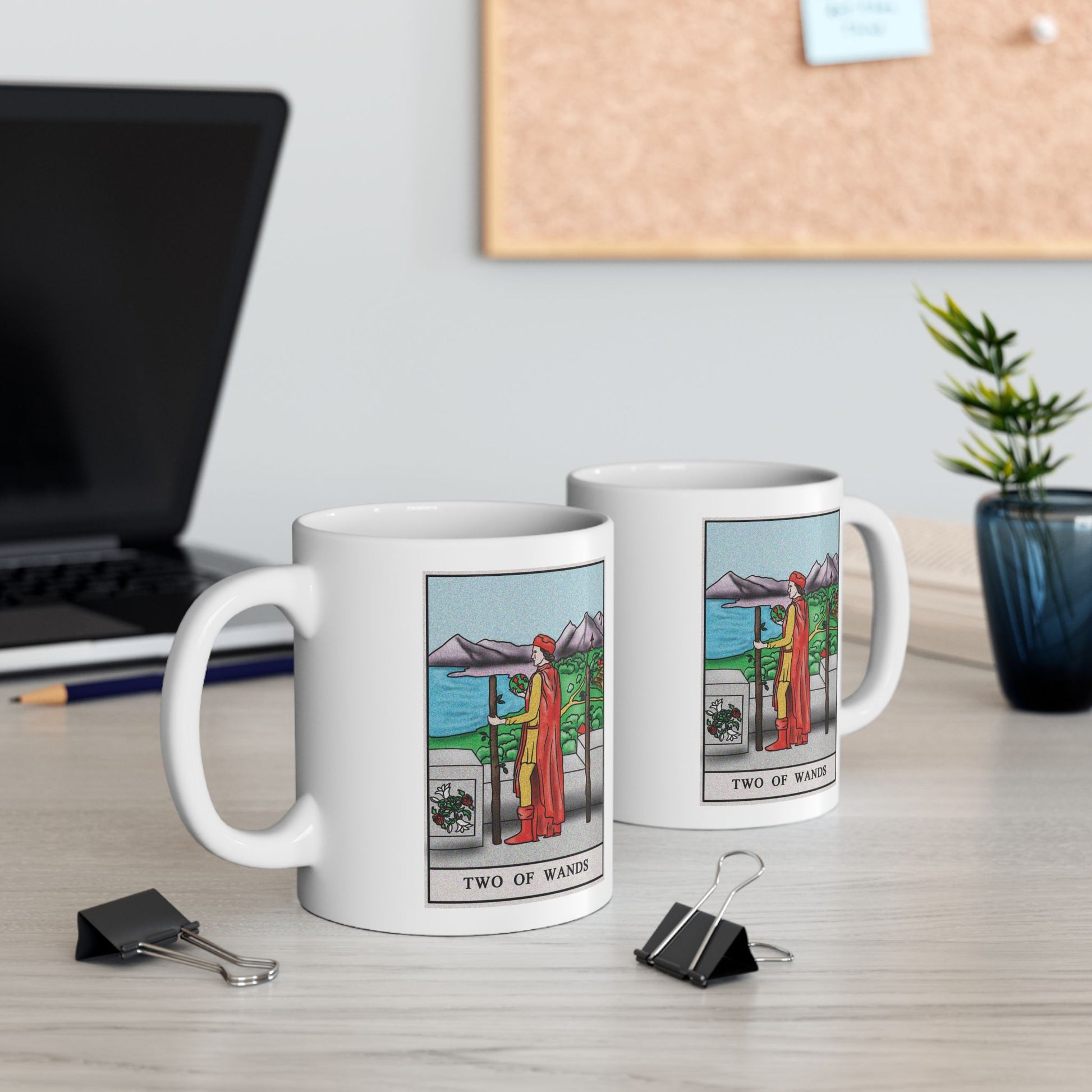 Two of Wands Tarot Card Coffee Mug - Double Sided Print, White Ceramic, 11oz by TheGlassyLass.com