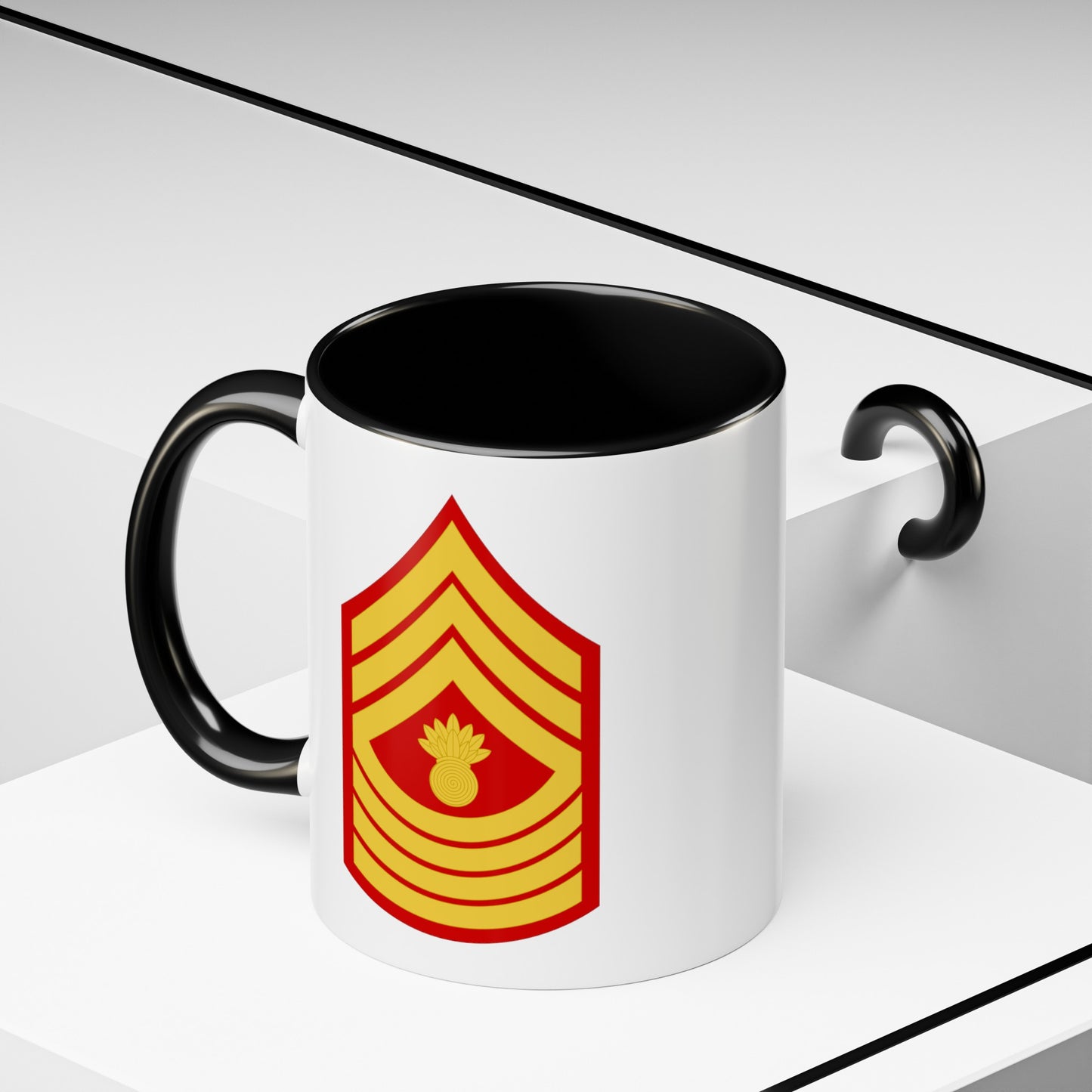 United States Marine Corps Master Gunnery Sergeant (E-9) Chevron Coffee Mug - Double Sided Black Accent White Ceramic 11oz - by TheGlassyLass.com