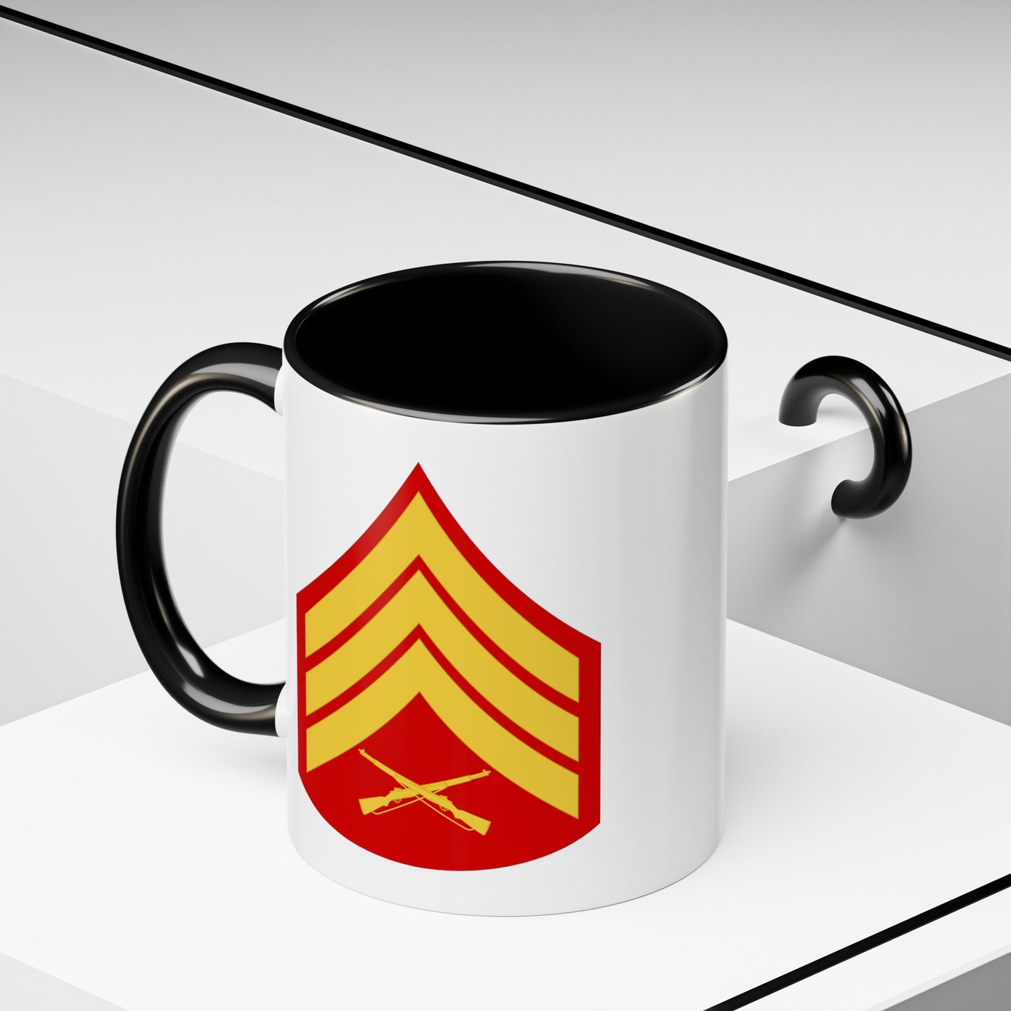 United States Marine Corps Sergeant (E-5) Chevron Coffee Mug - Double Sided Black Accent White Ceramic 11oz - by TheGlassyLass.com