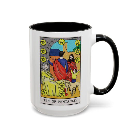 Ten of Pentacles Tarot Card Coffee Mug - Double Sided Black Accent White Ceramic 15oz by TheGlassyLass.com