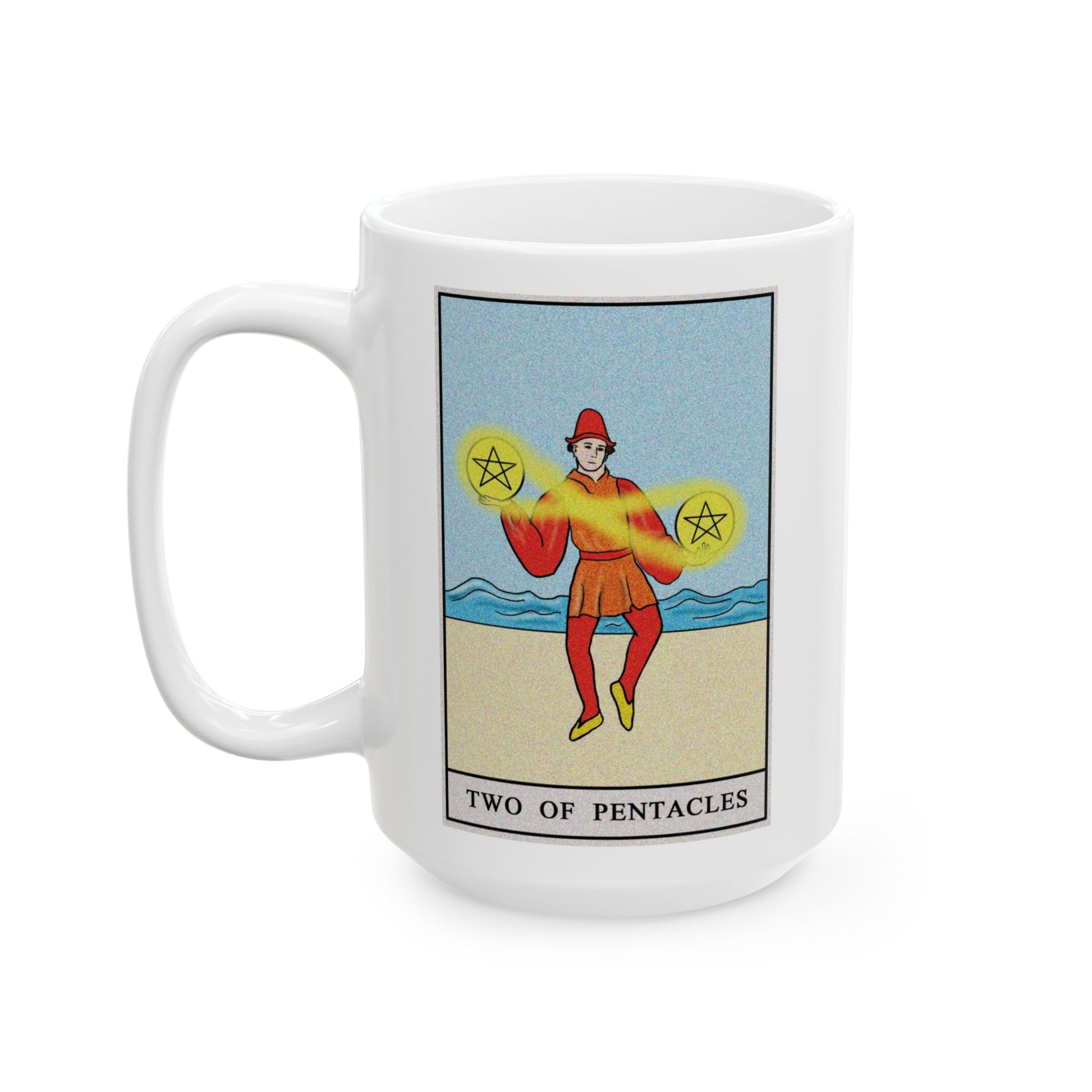 Two of Pentacles Tarot Card Coffee Mug - Double Sided White Ceramic 15oz by TheGlassyLass.com