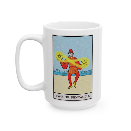 Two of Pentacles Tarot Card Coffee Mug - Double Sided White Ceramic 15oz by TheGlassyLass.com