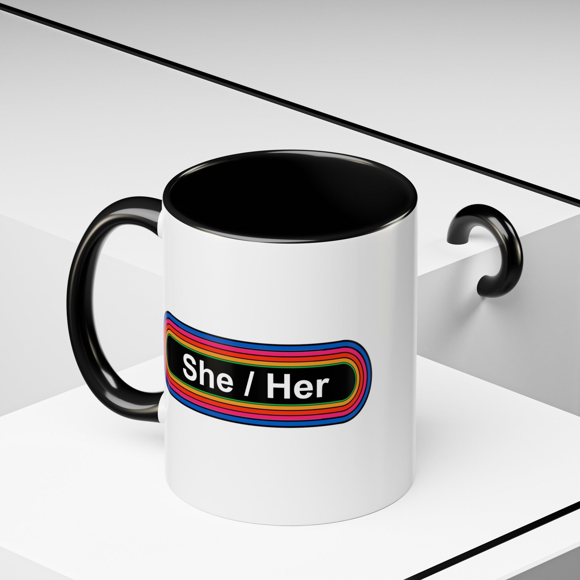 Rainbow She / Her Pronouns Coffee Mug - Double Sided Black Accent Ceramic 11oz - by TheGlassyLass.com