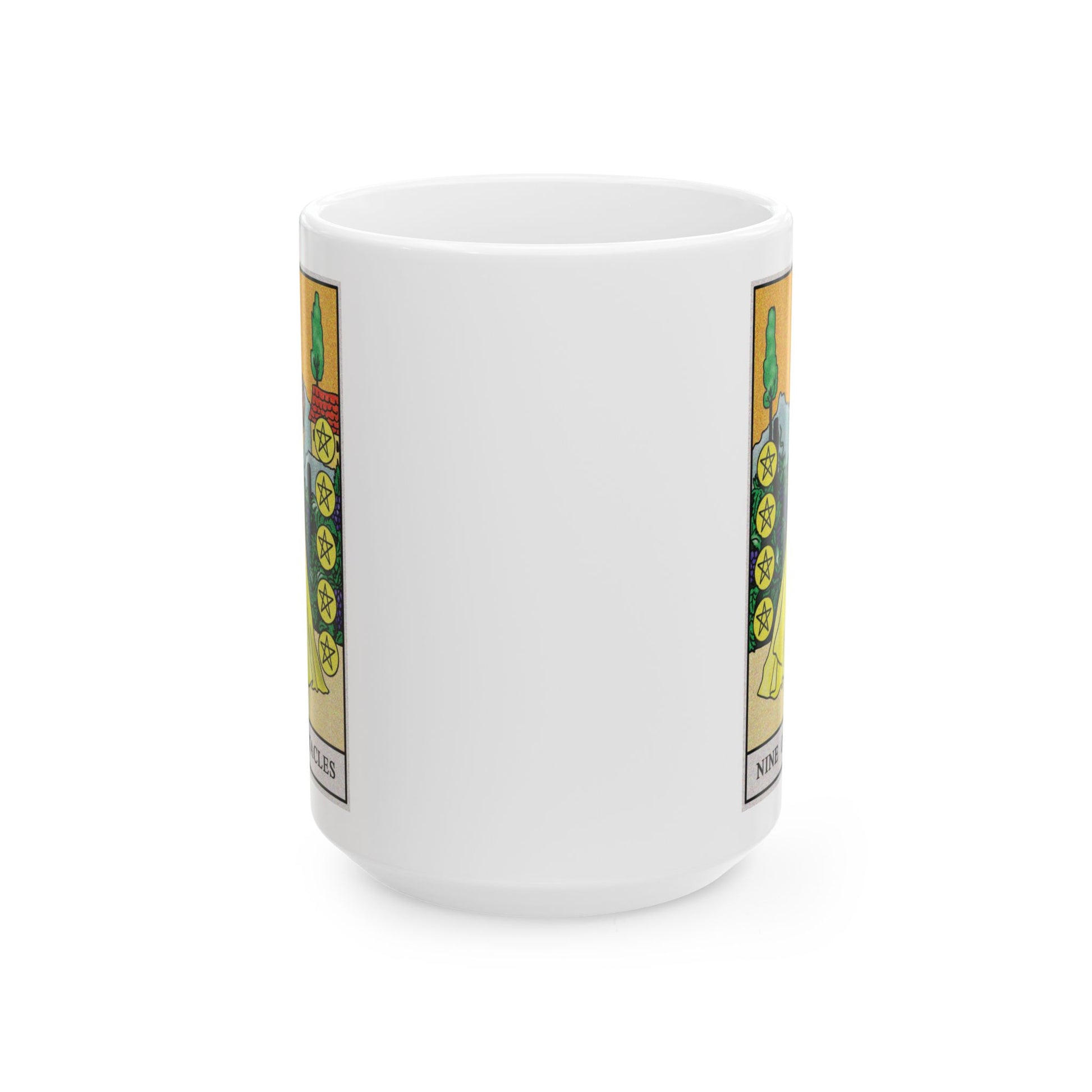 Nine of Pentacles Tarot Card Coffee Mug - Double Sided White Ceramic 15oz by TheGlassyLass.com