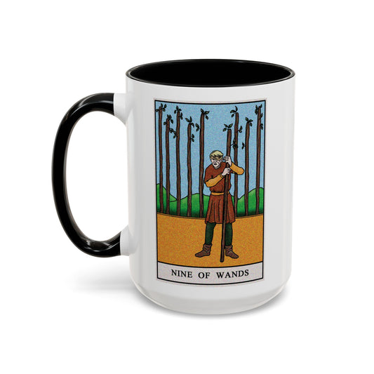 Nine of Wands Tarot Card Coffee Mug - Double Sided Black Accent White Ceramic 15oz by TheGlassyLass.com