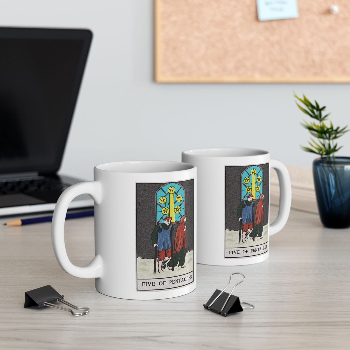 Five of Pentacles Tarot Card Coffee Mug - Double Sided Print, White Ceramic, 11oz by TheGlassyLass.com