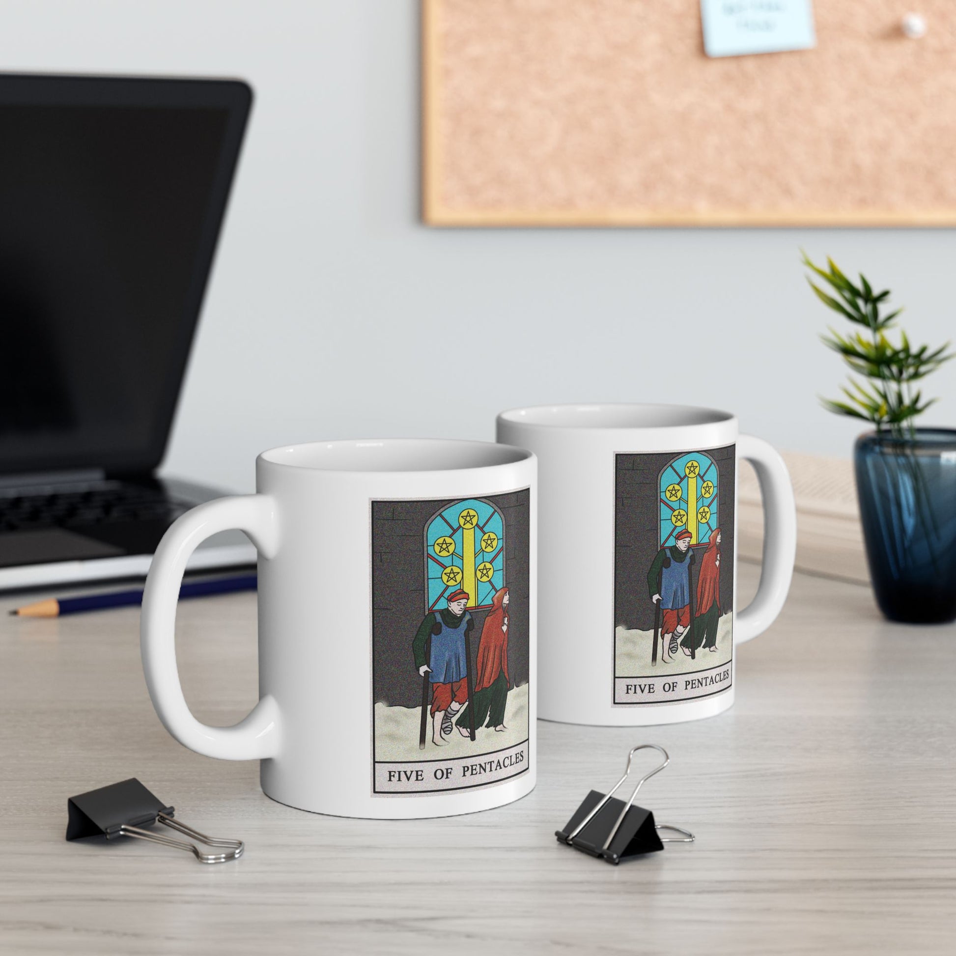 Five of Pentacles Tarot Card Coffee Mug - Double Sided Print, White Ceramic, 11oz by TheGlassyLass.com