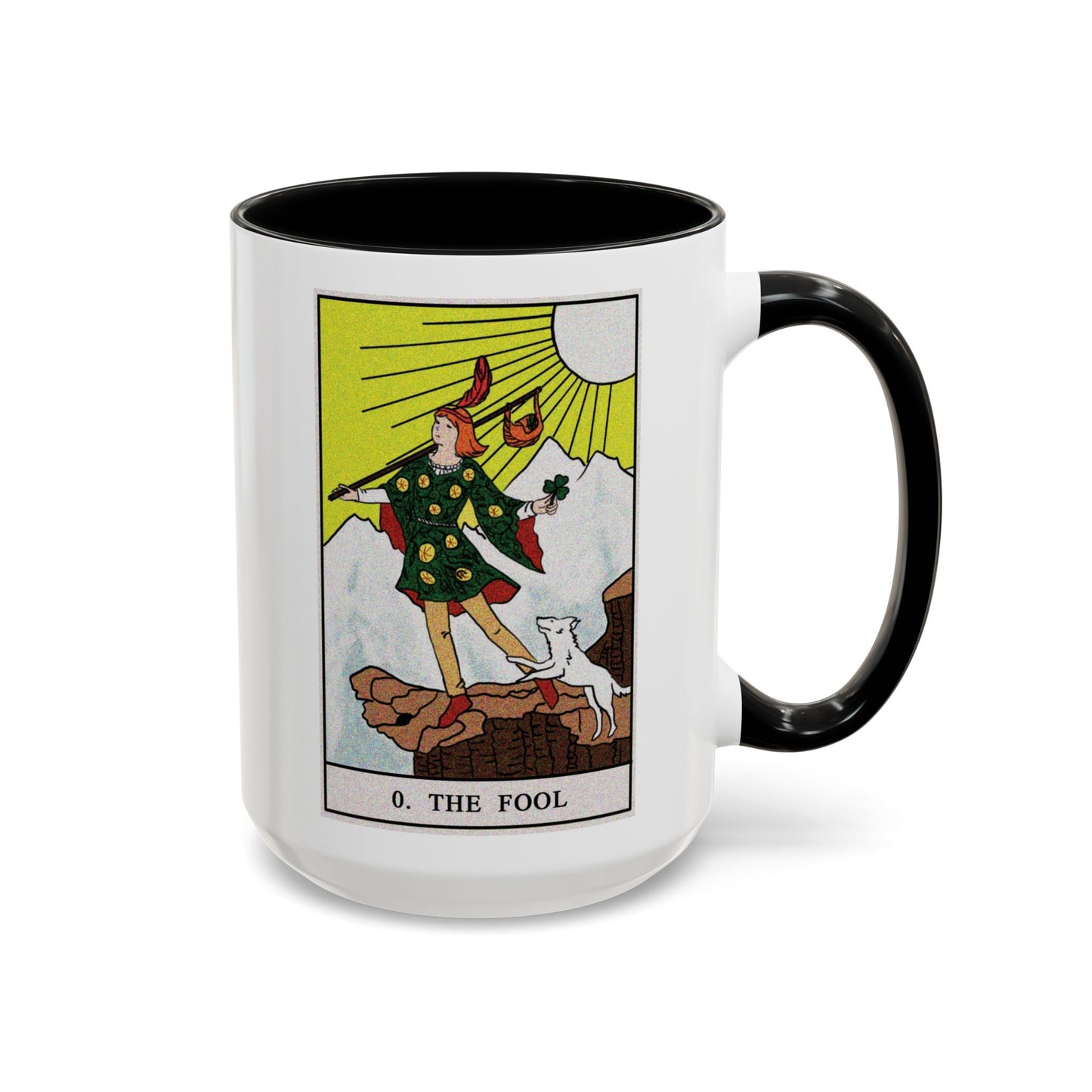 The Fool Tarot Card Coffee Mug - Double Sided Black Accent White Ceramic 15oz by TheGlassyLass.com