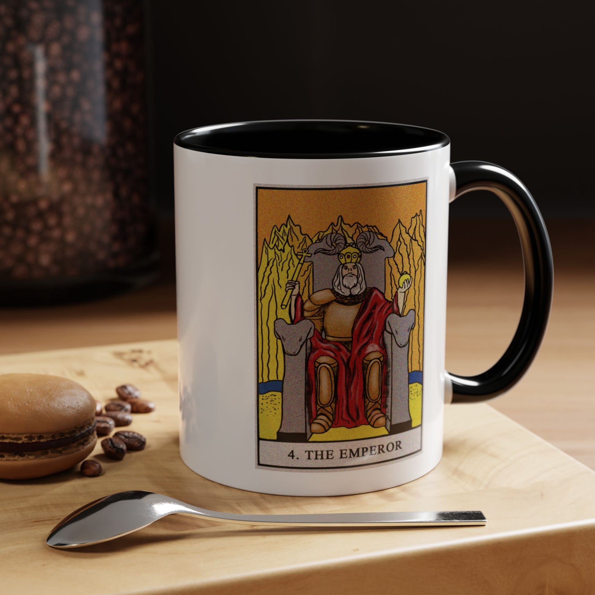 The Emperor Tarot Card Coffee Mug - Double Sided Print, Black Accent White Ceramic, 11oz by TheGlassyLass.com