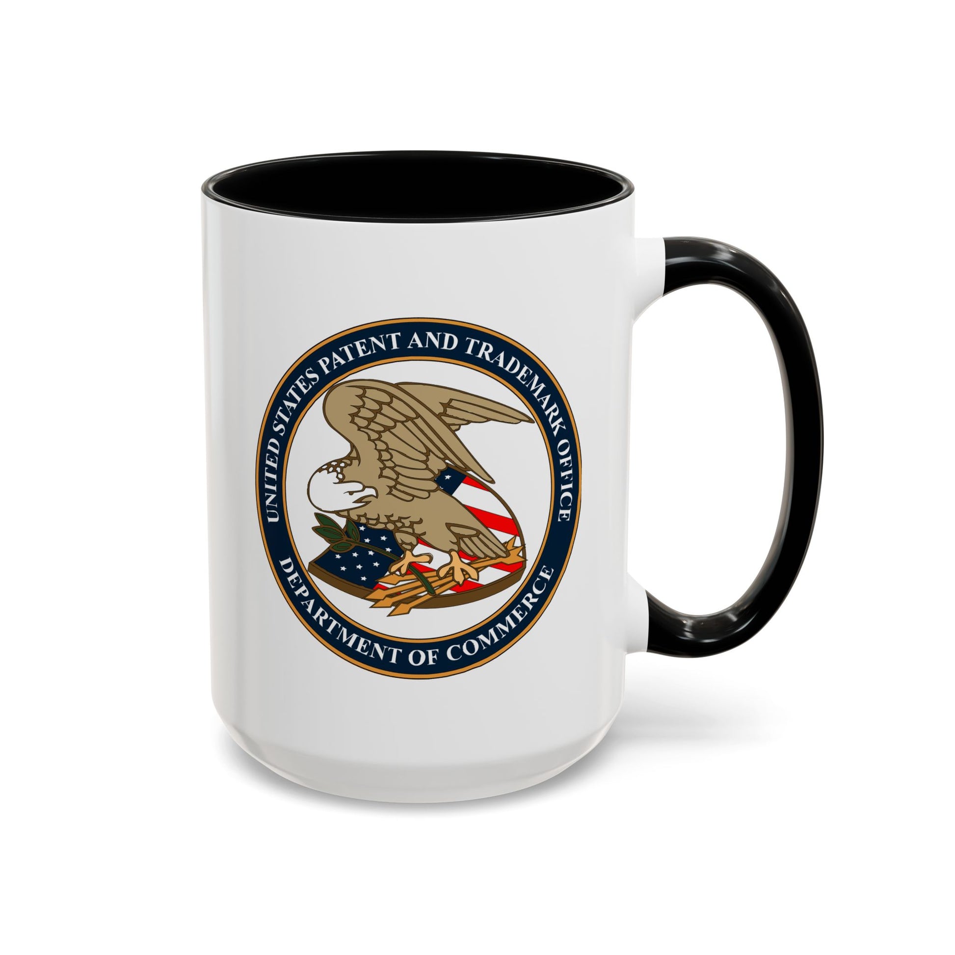 United States Patent and Trademark Office Coffee Mug - Double Sided Print, Black Accent White Ceramic, 15oz by TheGlassyLass.com