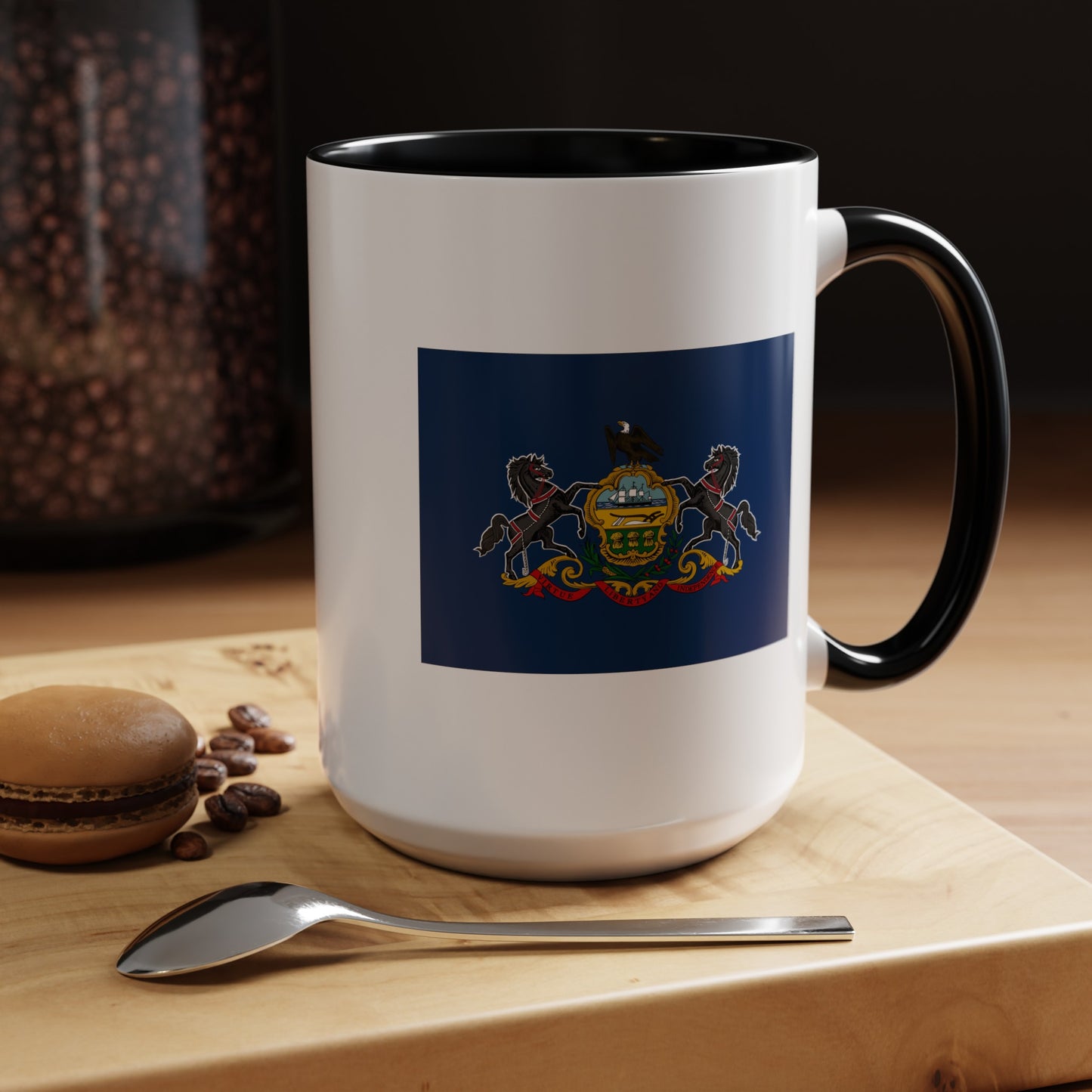 Commonwealth of Pennsylvania State Flag - Double Sided Black Accent White Ceramic Coffee Mug 15oz by TheGlassyLass.com