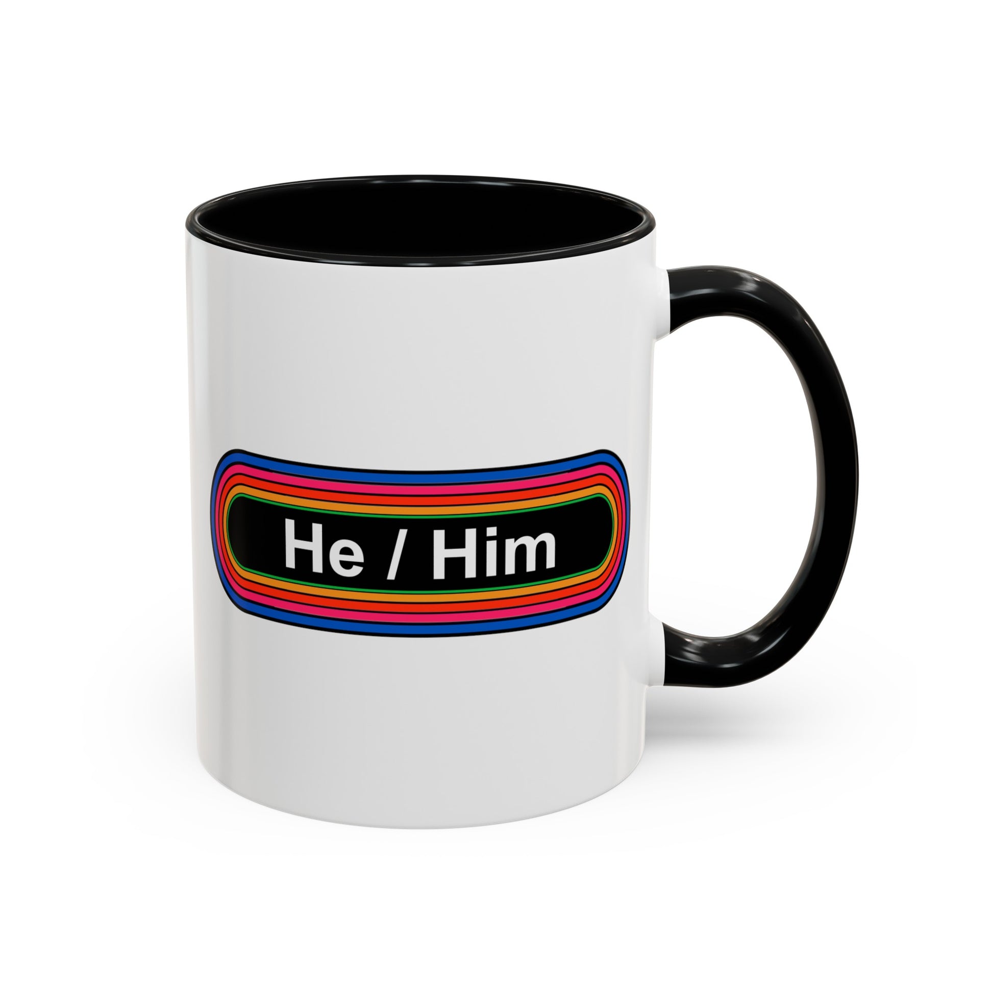 Rainbow He / Him Pronouns Coffee Mug - Double Sided Black Accent Ceramic 11oz - by TheGlassyLass.com