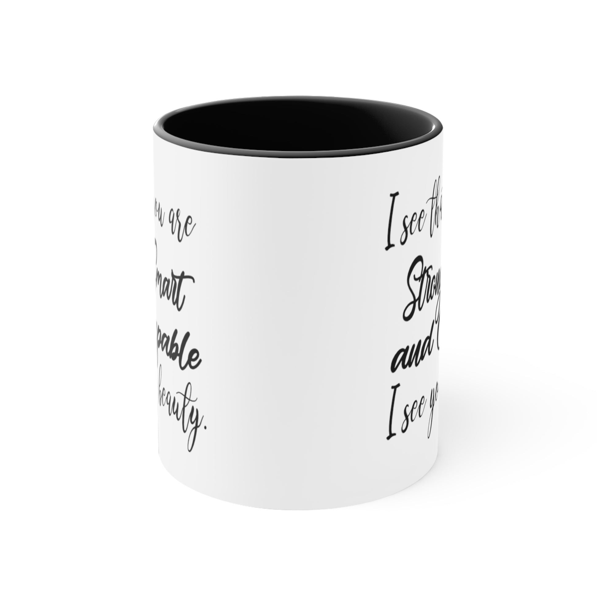 Smart Strong Capable Coffee Mug - Double Sided Black Accent White Ceramic 11oz by TheGlassyLass.com