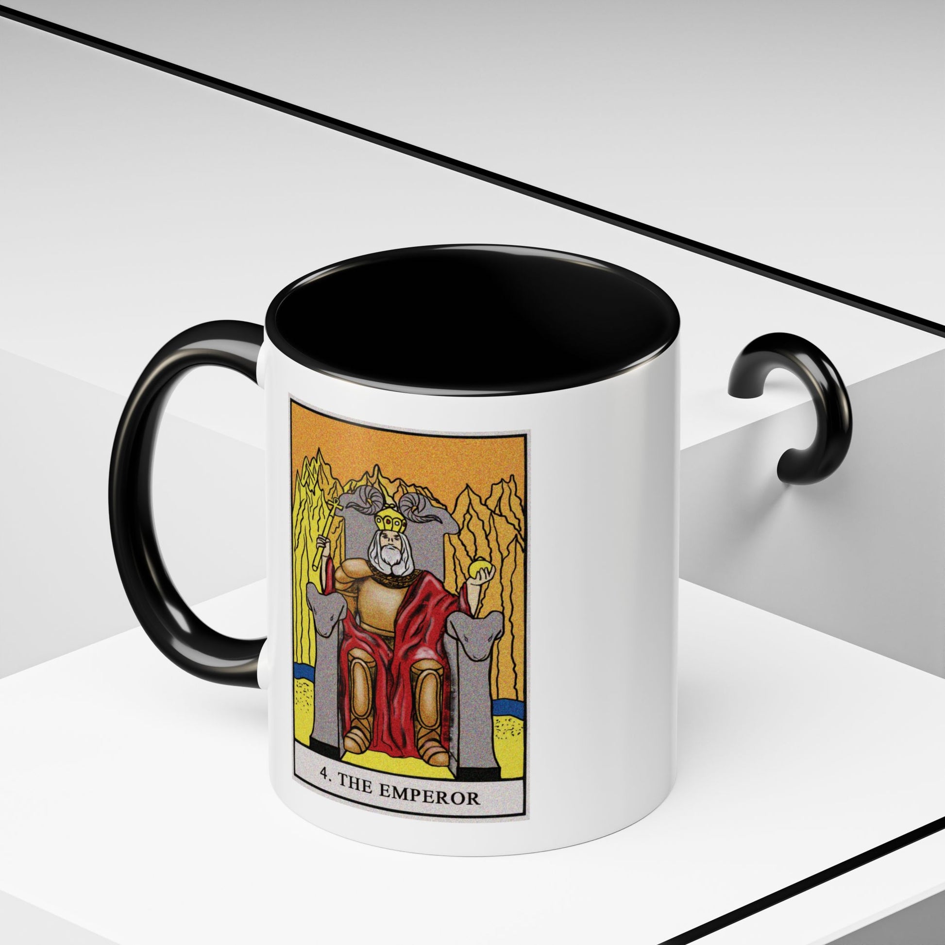 The Emperor Tarot Card Coffee Mug - Double Sided Print, Black Accent White Ceramic, 11oz by TheGlassyLass.com