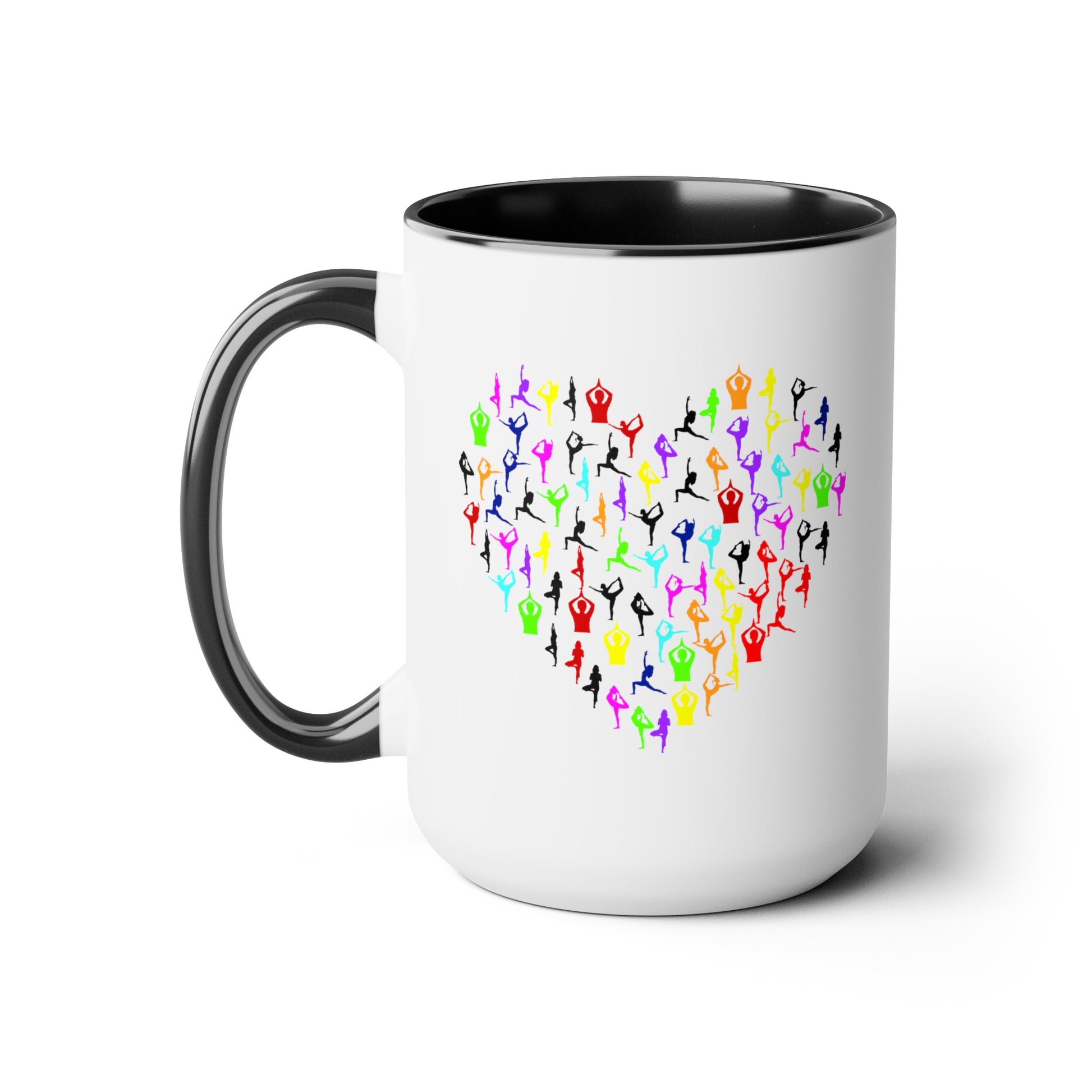 Rainbow Heart Yoga Coffee Mug - Double Sided Black Accent White Ceramic 15oz by TheGlassyLass.com