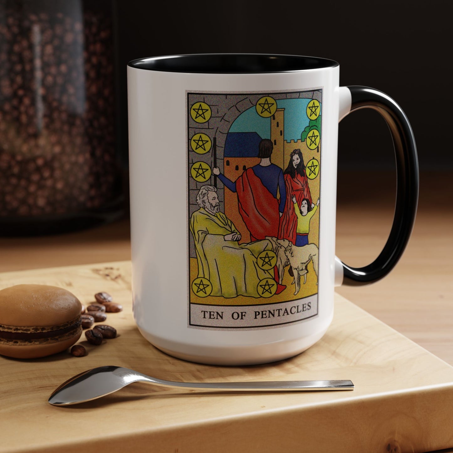 Ten of Pentacles Tarot Card Coffee Mug - Double Sided Black Accent White Ceramic 15oz by TheGlassyLass.com