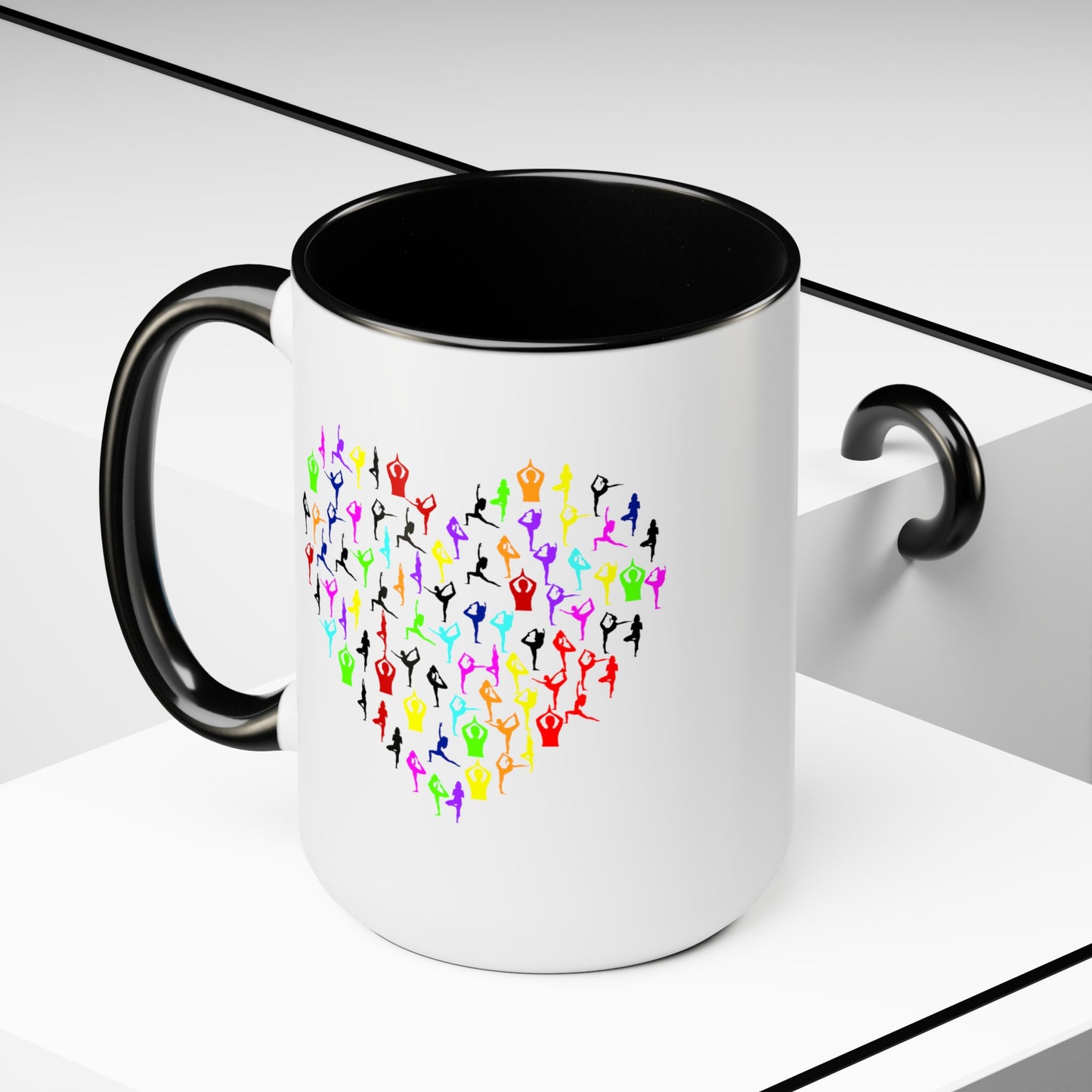 Rainbow Heart Yoga Coffee Mug - Double Sided Black Accent White Ceramic 15oz by TheGlassyLass.com