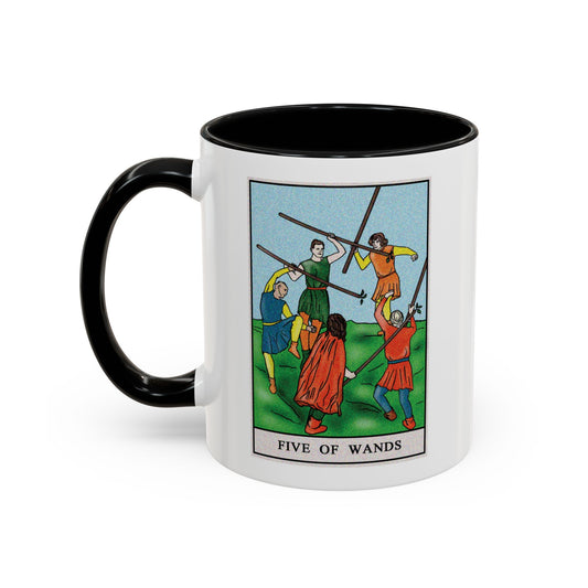 Five of Wands Tarot Card Coffee Mug - Double Sided Print, Black Accent White Ceramic, 11oz by TheGlassyLass.com