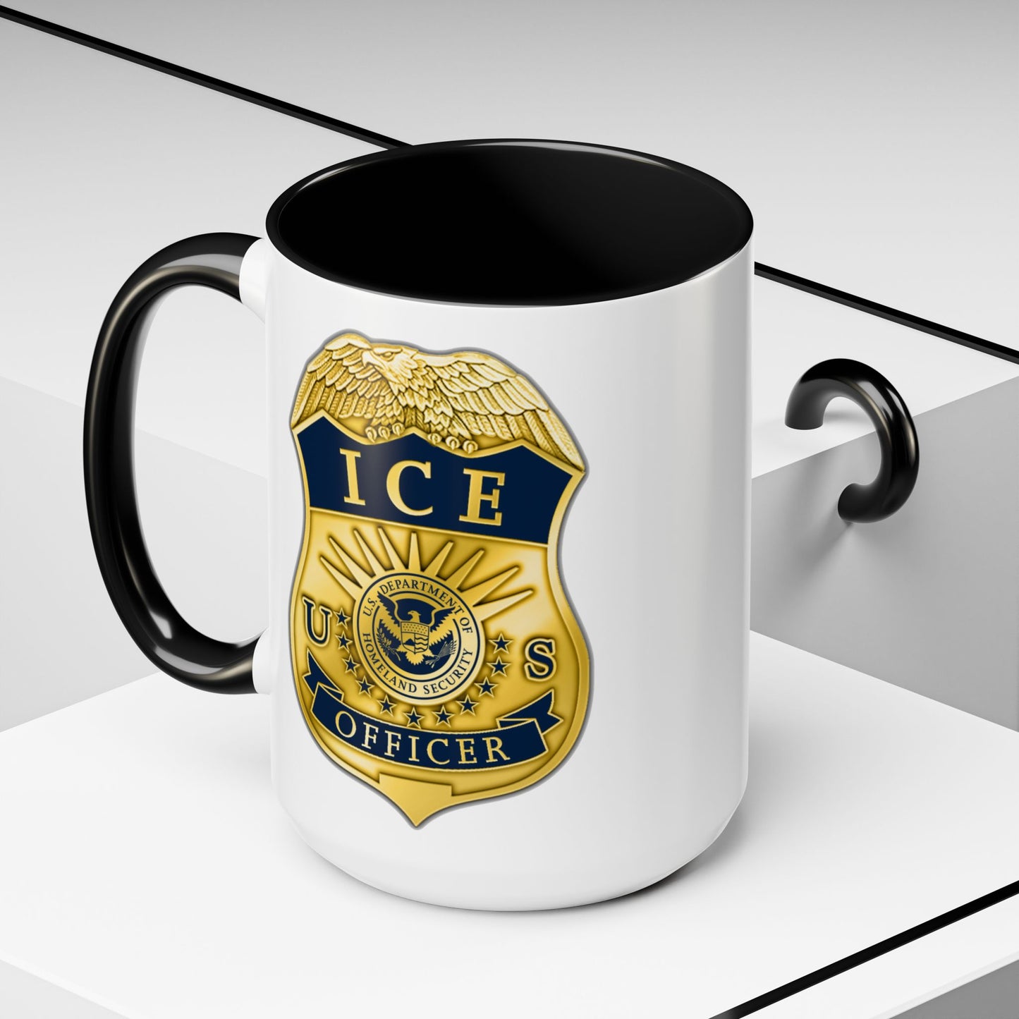 ICE Immigration and Customs Enforcement Badge Coffee Mug - Double Sided Black Accent White Ceramic 15oz by TheGlassyLass.com