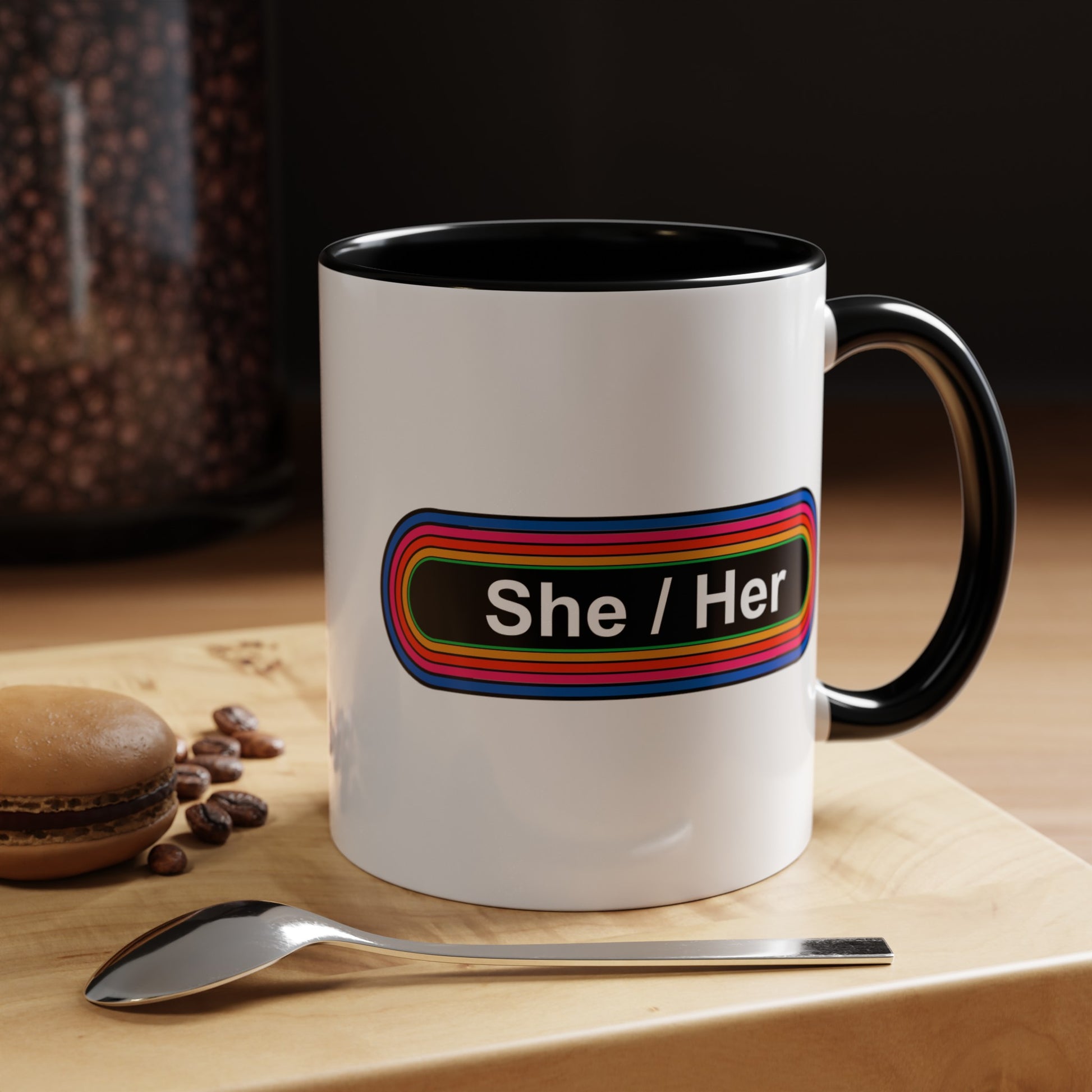 Rainbow She / Her Pronouns Coffee Mug - Double Sided Black Accent Ceramic 11oz - by TheGlassyLass.com