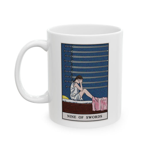 Nine of Swords Tarot Card Coffee Mug - Double Sided Print, White Ceramic, 11oz by TheGlassyLass.com