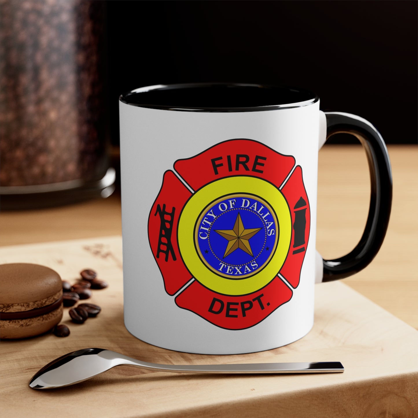 Dallas Fire Department Coffee Mug - Double Sided Print Black Accent White Ceramic 11oz by TheGlassyLass.com