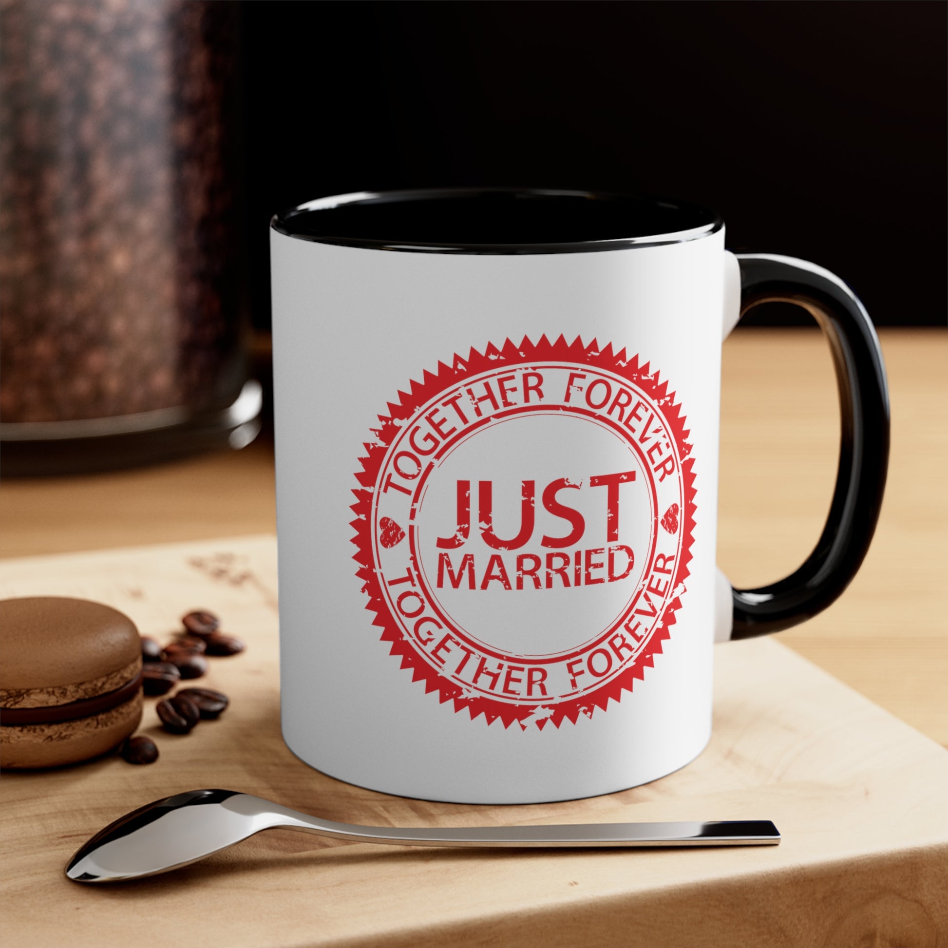 Just Married Coffee Mug - Double Sided Black Accent White Ceramic 11oz by TheGlassyLass.com