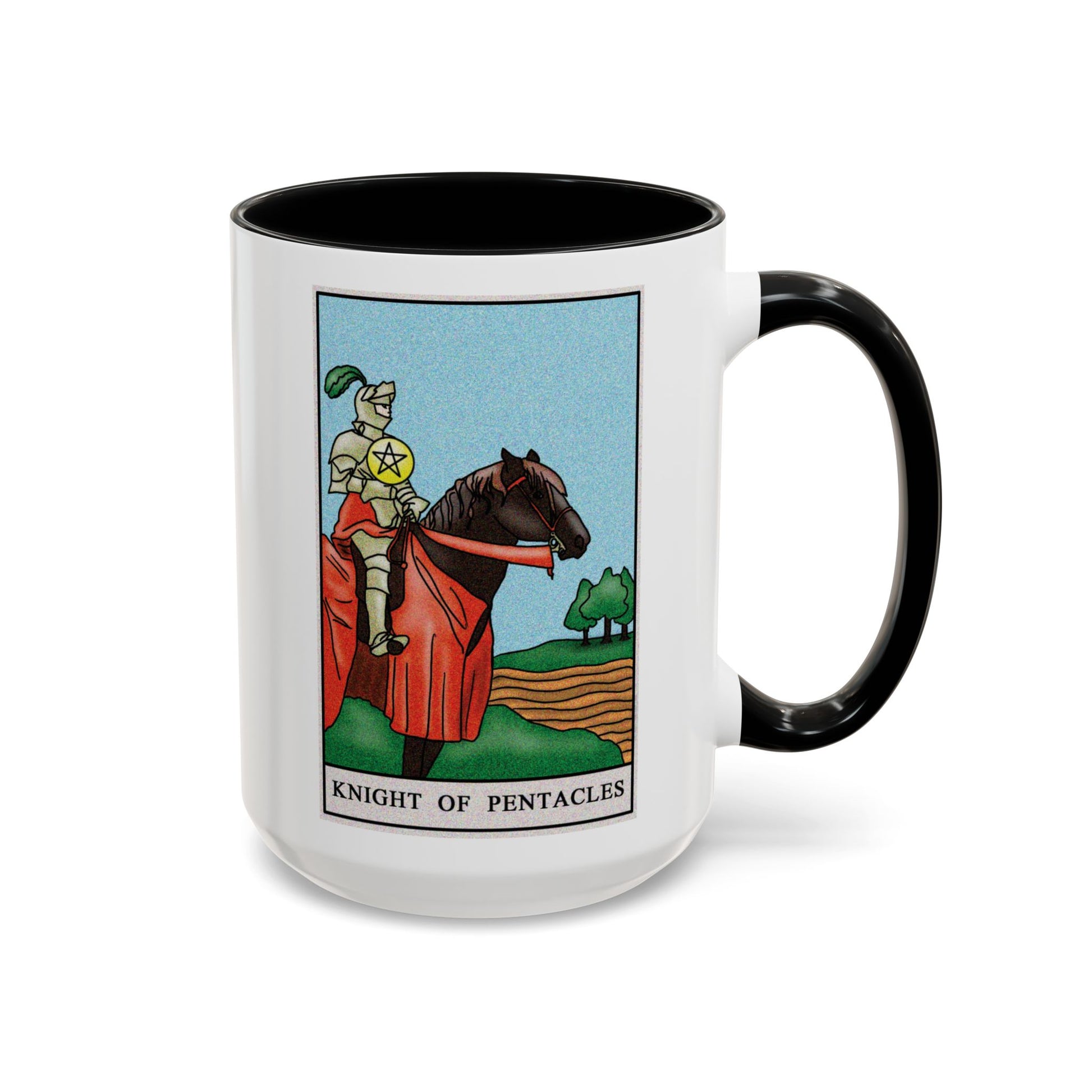 Knight of Pentacles Tarot Card Coffee Mug - Double Sided Black Accent White Ceramic 15oz by TheGlassyLass.com