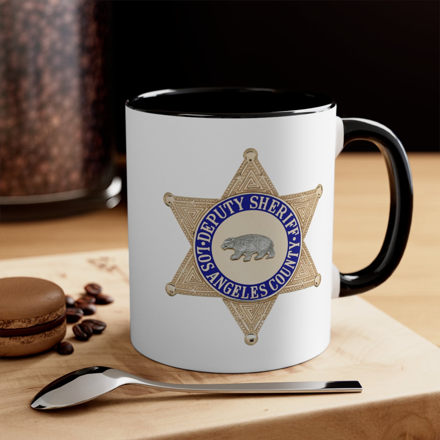 LASD Deputy Sheriff Badge Coffee Mug - Double Sided Black Accent White Ceramic 11oz by TheGlassyLass.com