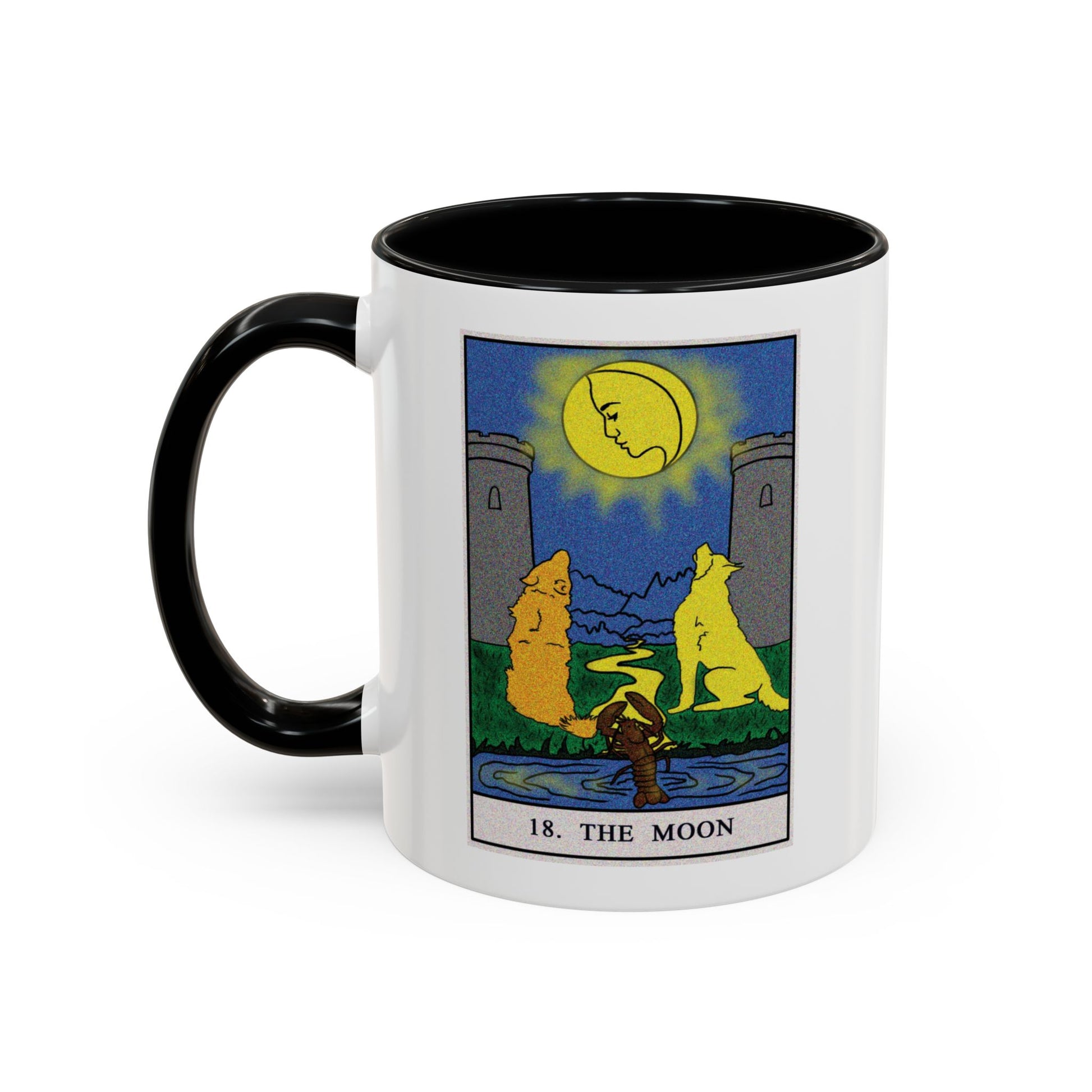 The Moon Tarot Card Coffee Mug - Double Sided Print, Black Accent White Ceramic, 11oz by TheGlassyLass.com