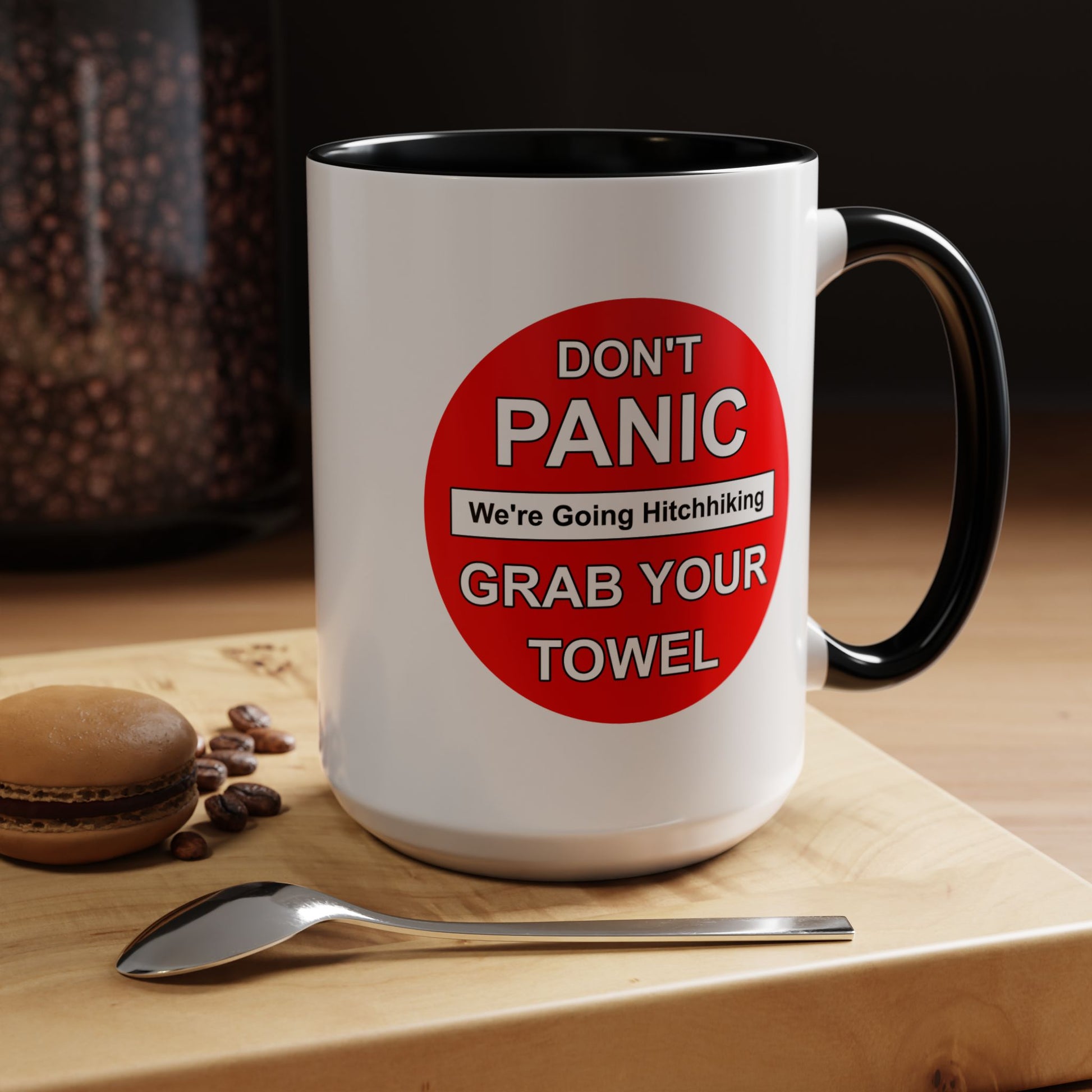 Don't Panic Coffee Mug - Double Sided Black Accent White Ceramic 15oz by TheGlassyLass.com