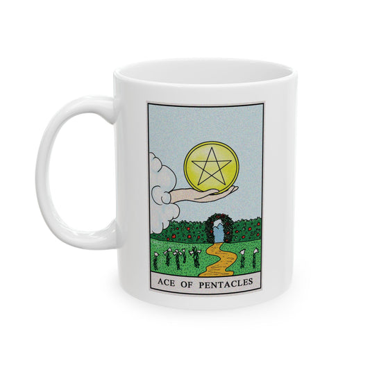 Ace of Pentacles Tarot Card Coffee Mug - Double Sided Print, White Ceramic, 11oz by TheGlassyLass.com
