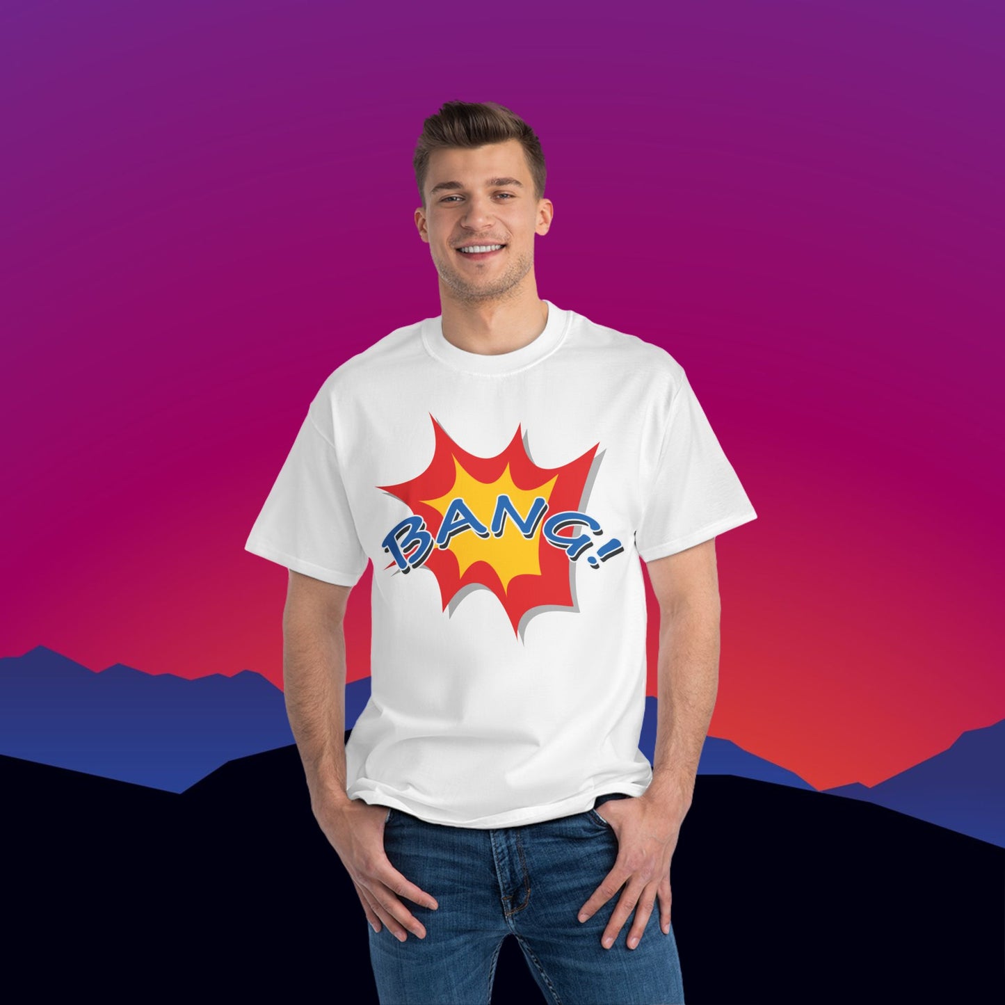 Bang Superhero T-Shirt: (Hanes Beefy-T 100% Preshrunk Cotton) Custom Printed by TheGlassyLass.com