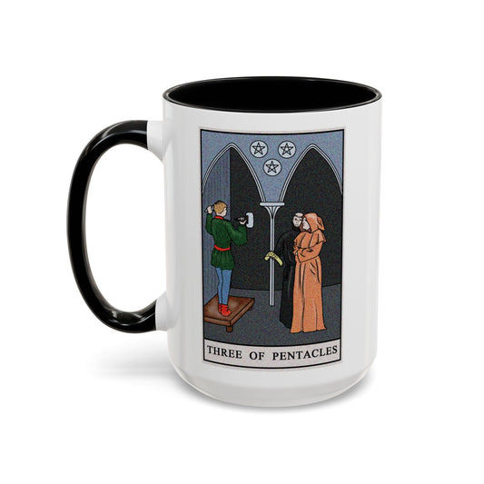 Three of Pentacles Tarot Card Coffee Mug - Double Sided Black Accent White Ceramic 15oz by TheGlassyLass.com