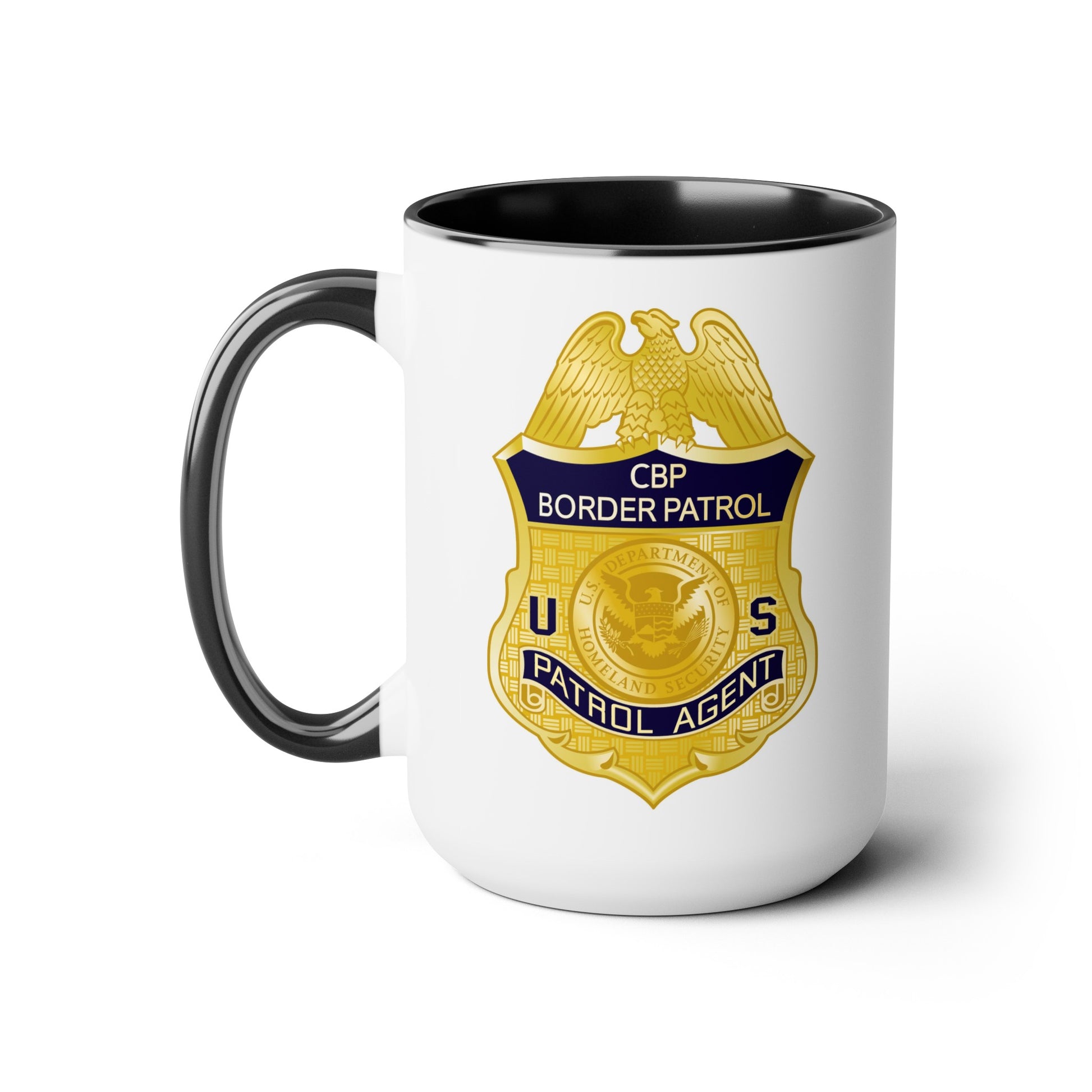 US CBP Patrol Agent Badge Coffee Mug - Double Sided Black Accent White Ceramic 15oz by TheGlassyLass.com