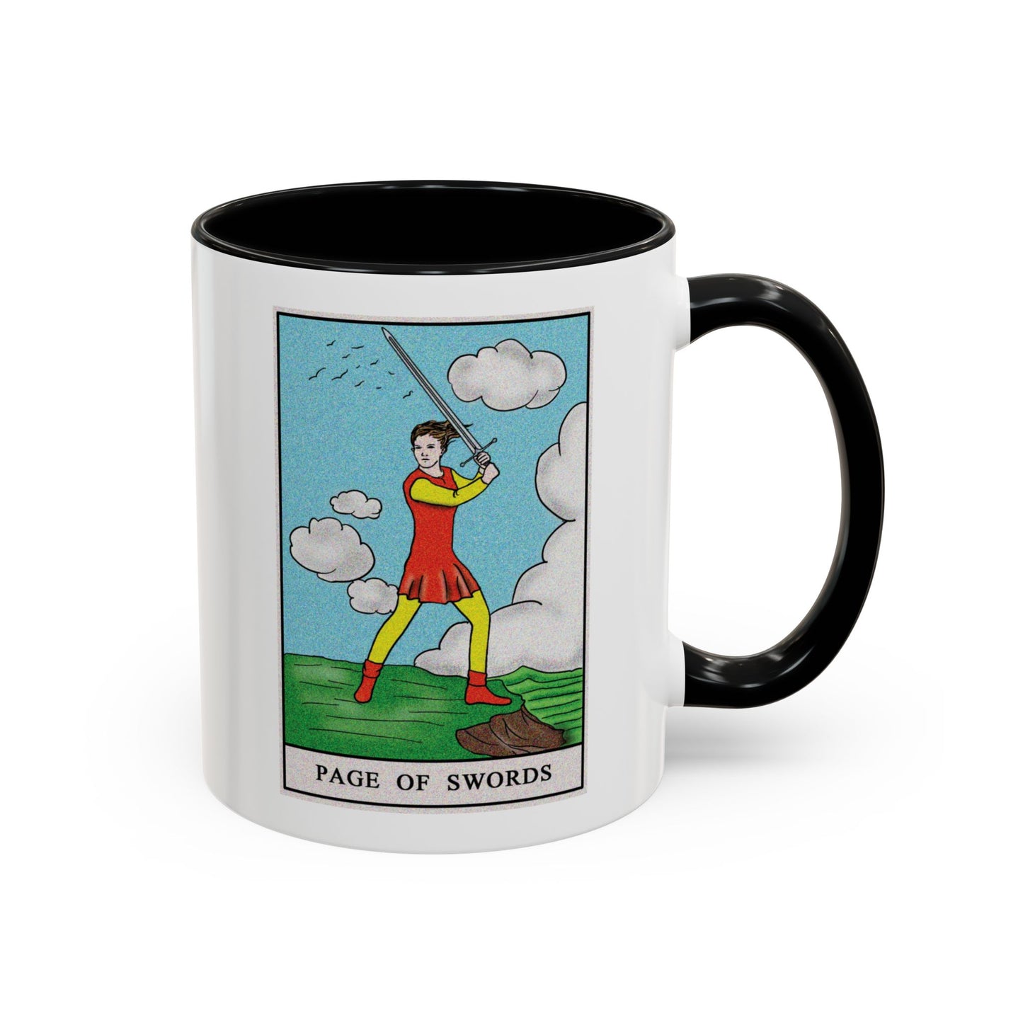 Page of Swords Tarot Card Coffee Mug - Double Sided Print, Black Accent White Ceramic, 11oz by TheGlassyLass.com