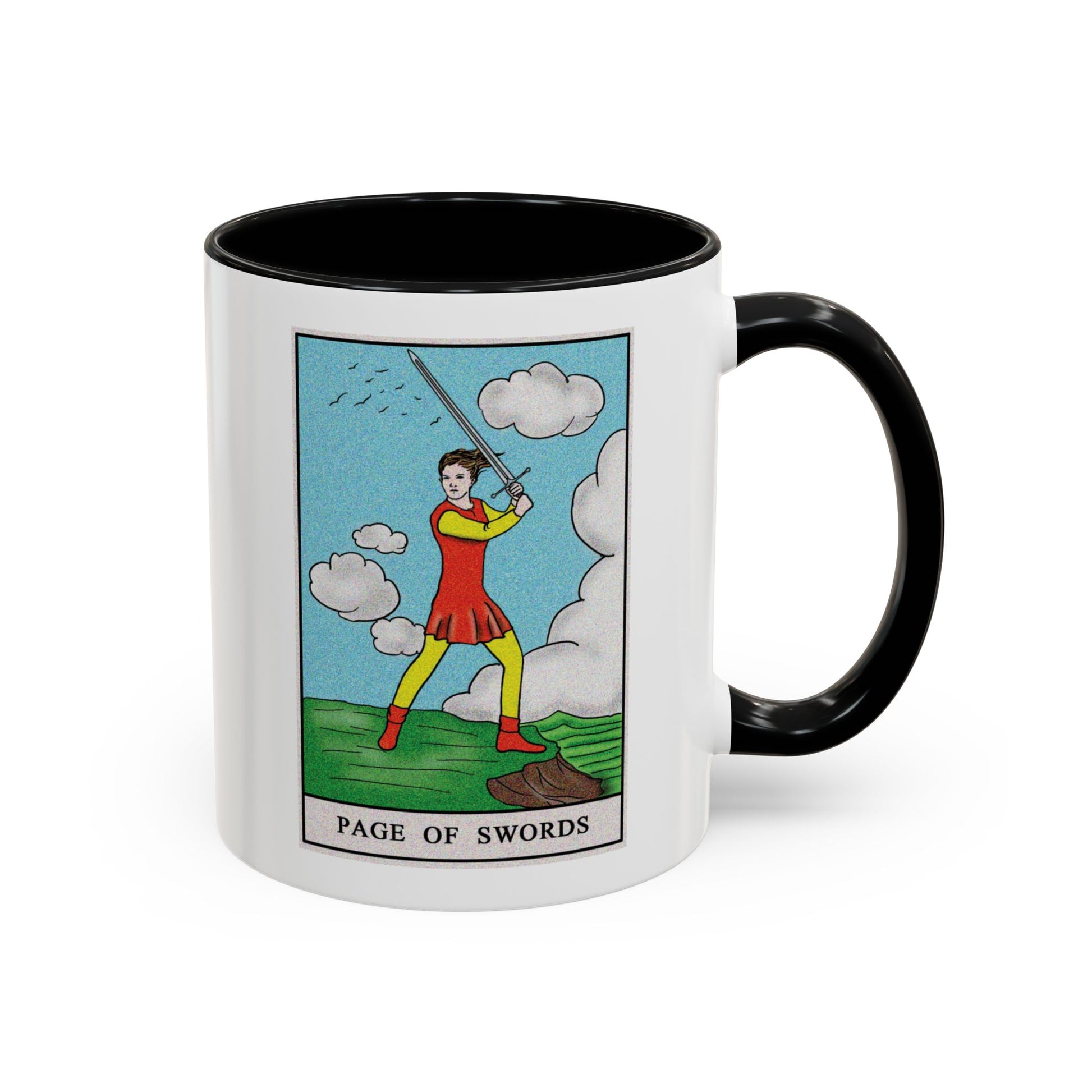 Page of Swords Tarot Card Coffee Mug - Double Sided Print, Black Accent White Ceramic, 11oz by TheGlassyLass.com