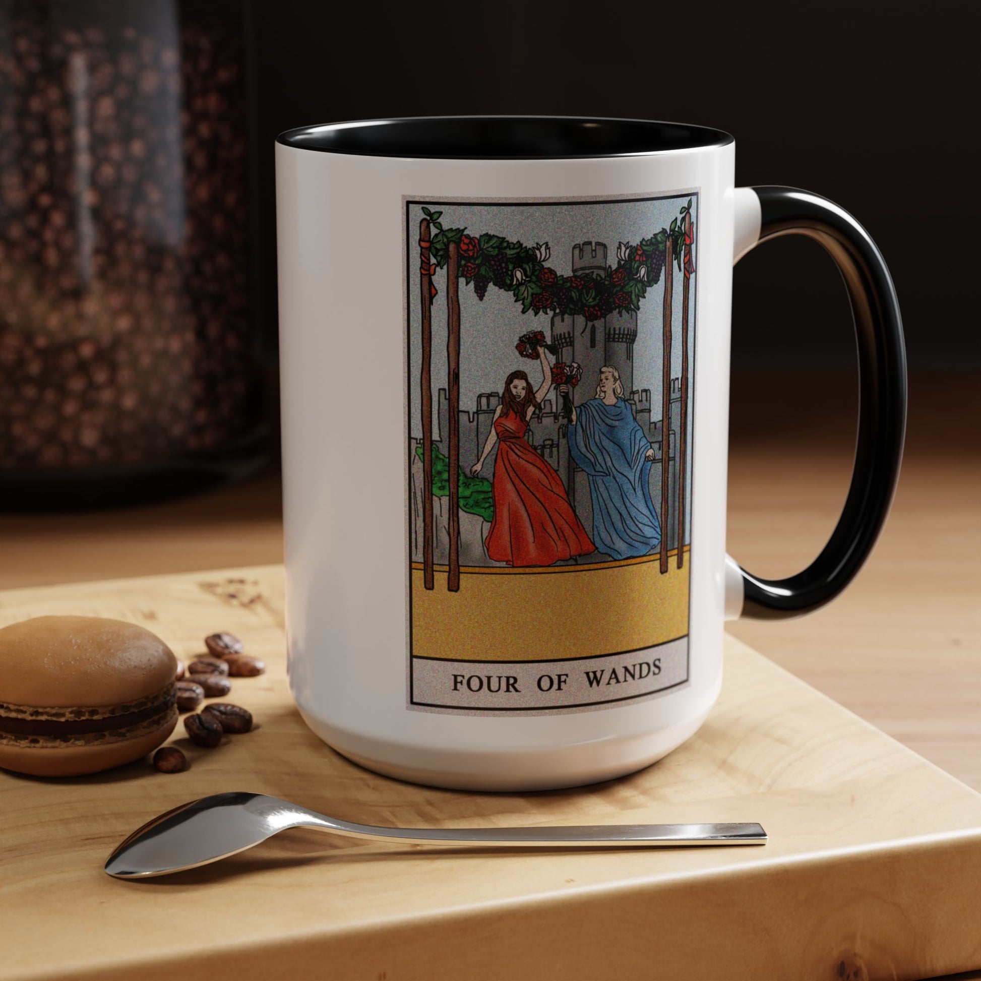 Four of Wands Tarot Card Coffee Mug - Double Sided Black Accent White Ceramic 15oz by TheGlassyLass.com