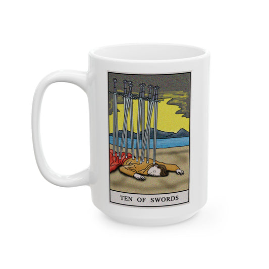 Ten of Swords Tarot Card Coffee Mug - Double Sided White Ceramic 15oz by TheGlassyLass.com