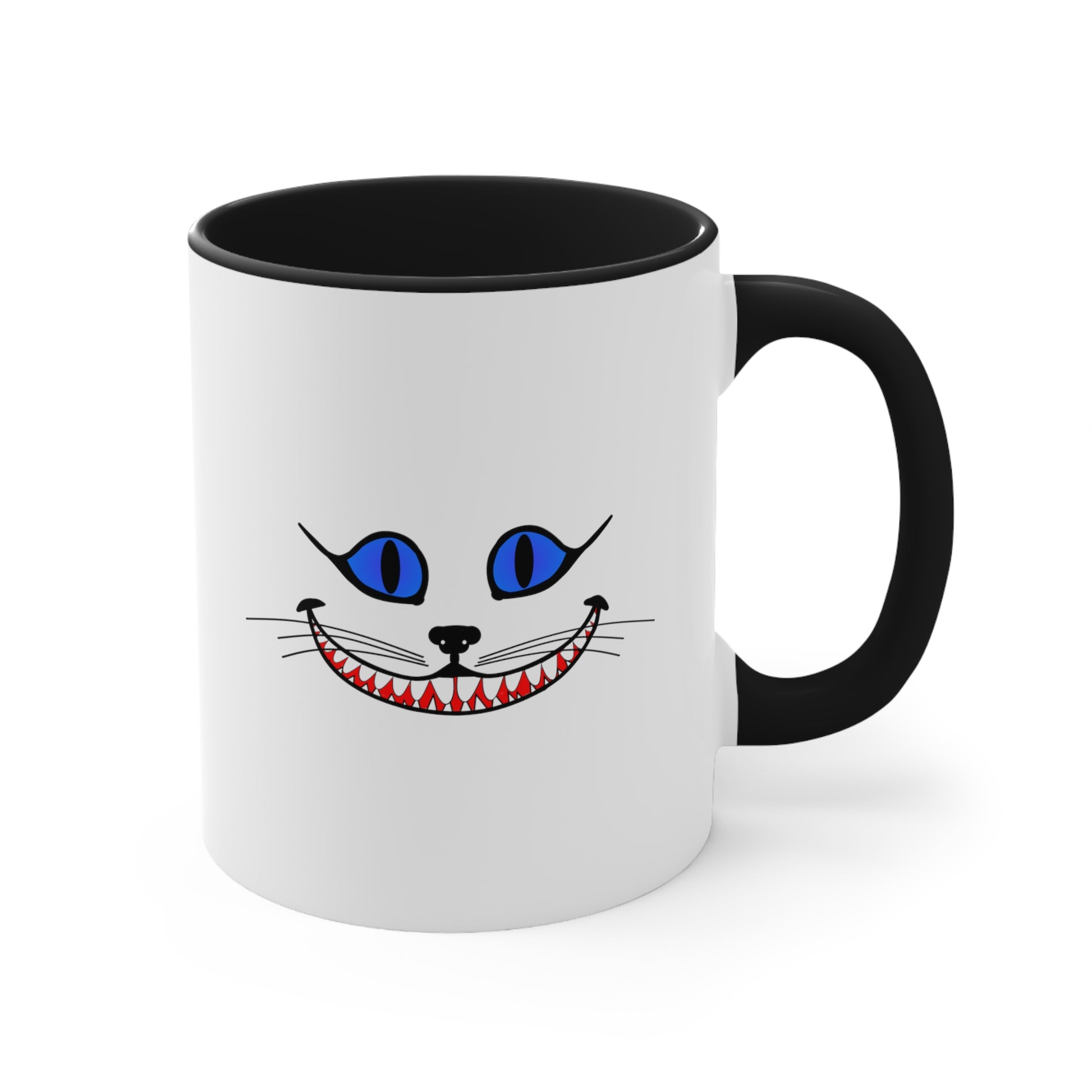 Cheshire Cat Coffee Mug - Double Sided Black Accent White Ceramic 11oz by TheGlassyLass.com