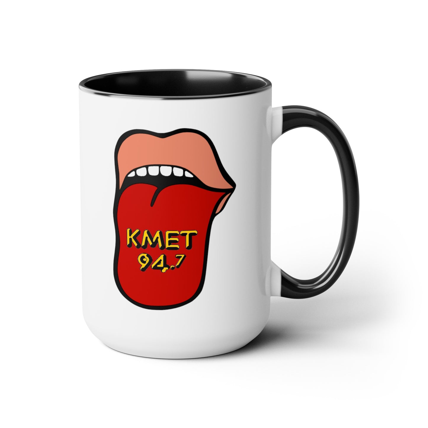 KMET Coffee Mug - Double Sided Black Accent White Ceramic 15oz by TheGlassyLass.com