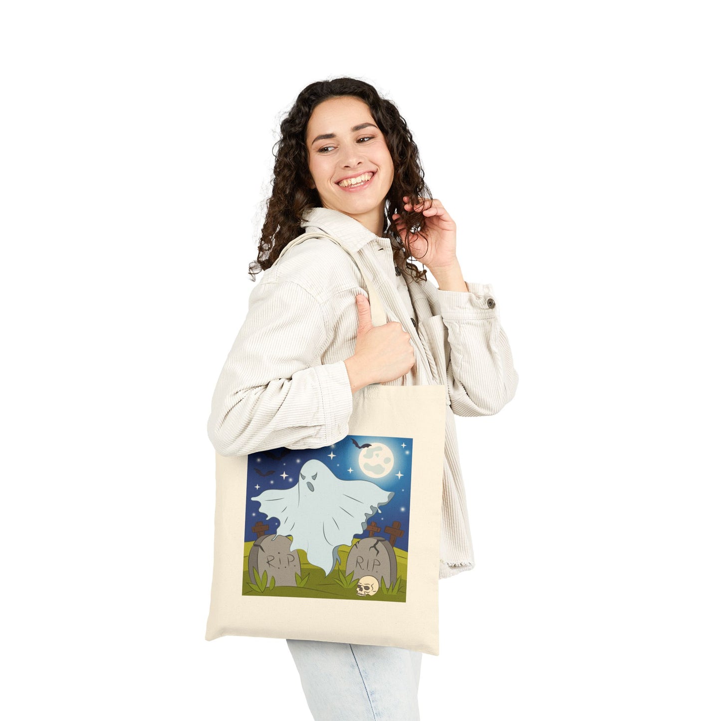 Graveyard Ghost Haunted Halloween Trick or Treat Tote Bag - Heavyweight 100% Cotton Canvas by TheGlassyLass.com