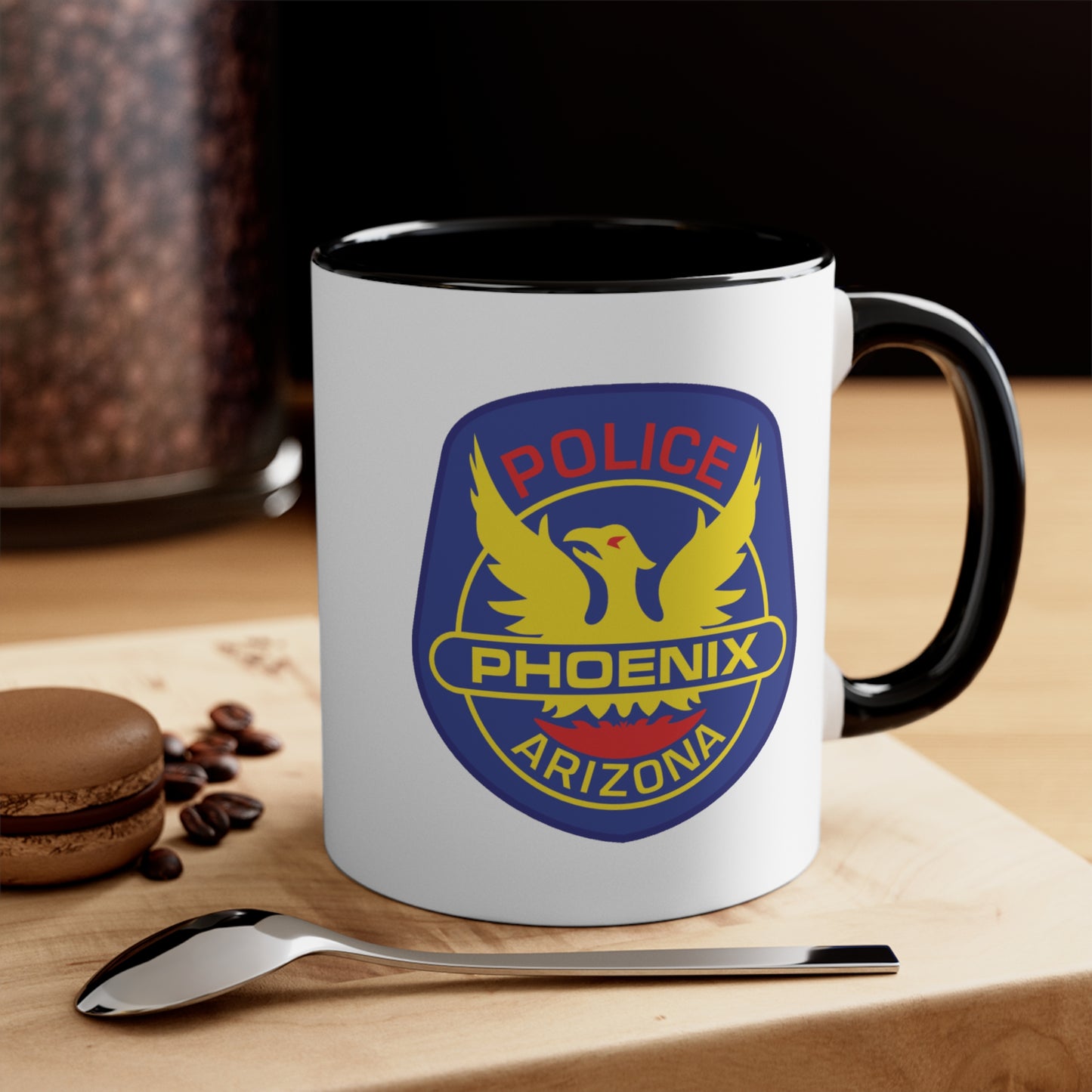 Phoenix Police Coffee Mug - Double Sided Black Accent White Ceramic 11oz by TheGlassyLass.com