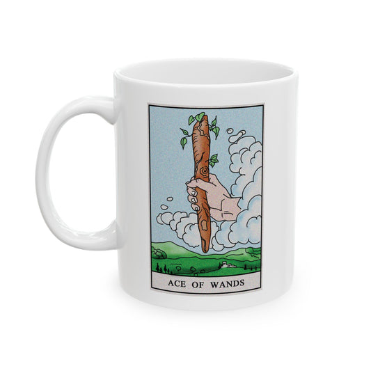 Ace of Wands Tarot Card Coffee Mug - Double Sided Print, White Ceramic, 11oz by TheGlassyLass.com