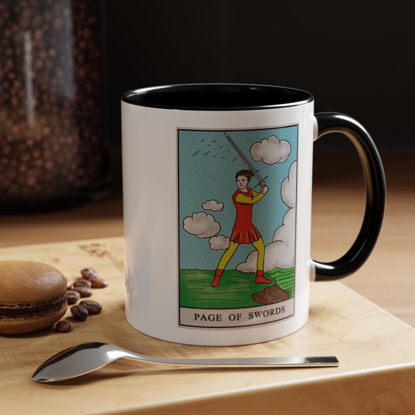 Page of Swords Tarot Card Coffee Mug - Double Sided Print, Black Accent White Ceramic, 11oz by TheGlassyLass.com