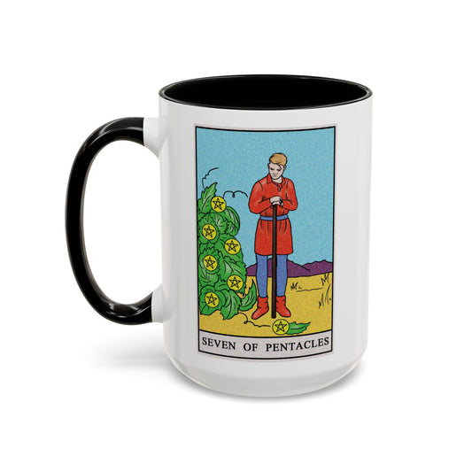 ﻿Seven of Pentacles Tarot Card Coffee Mug - Double Sided Black Accent White Ceramic 15oz by TheGlassyLass