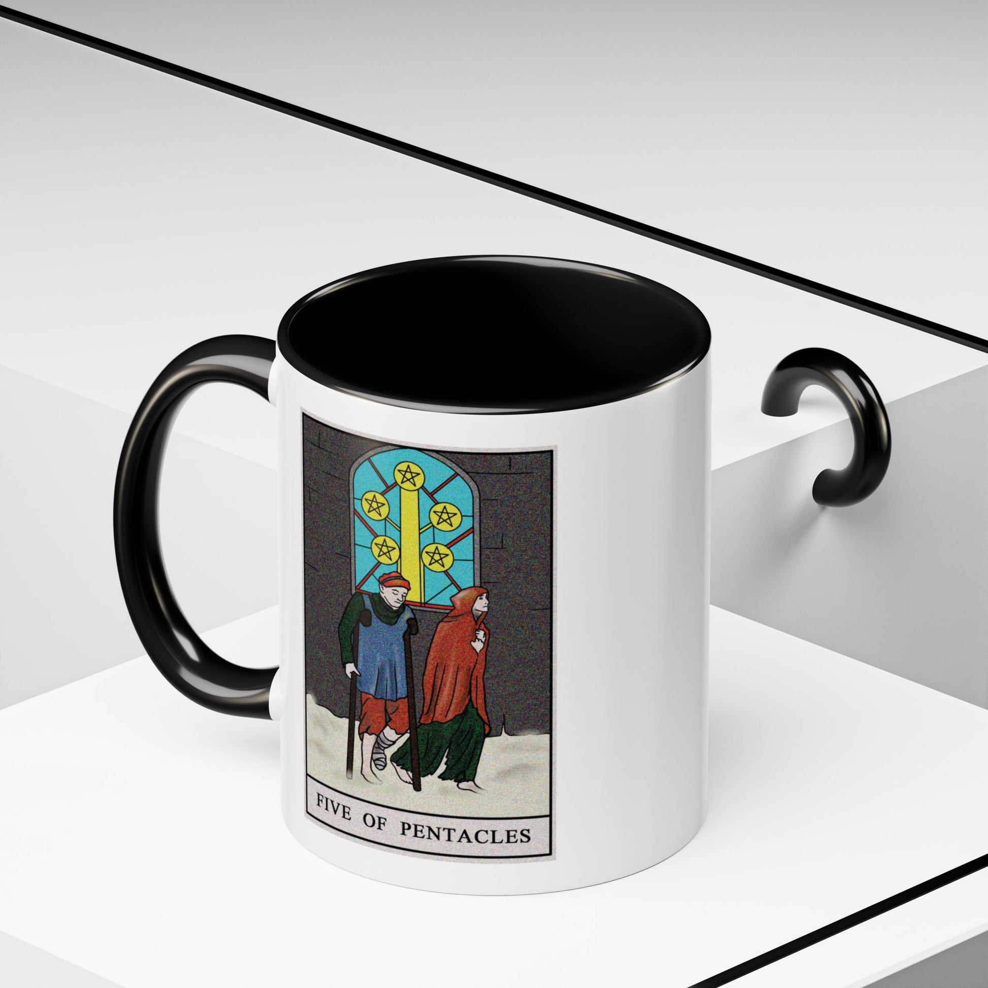 Five of Pentacles Tarot Card Coffee Mug - Double Sided Print, Black Accent White Ceramic, 11oz by TheGlassyLass.com