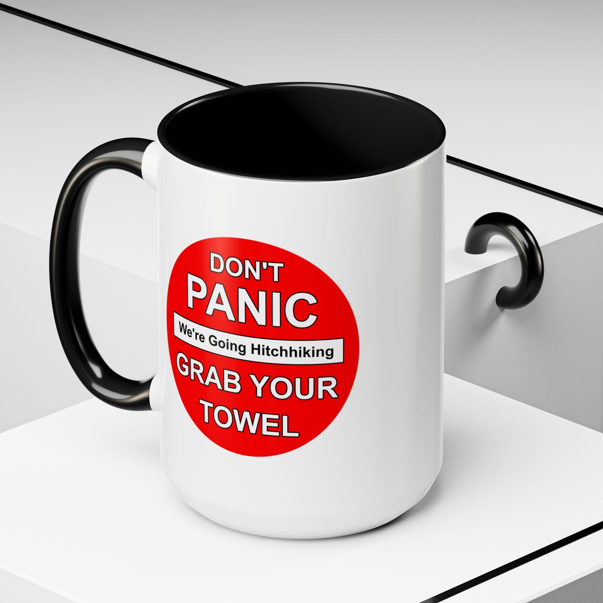 Don't Panic Coffee Mug - Double Sided Black Accent White Ceramic 15oz by TheGlassyLass.com